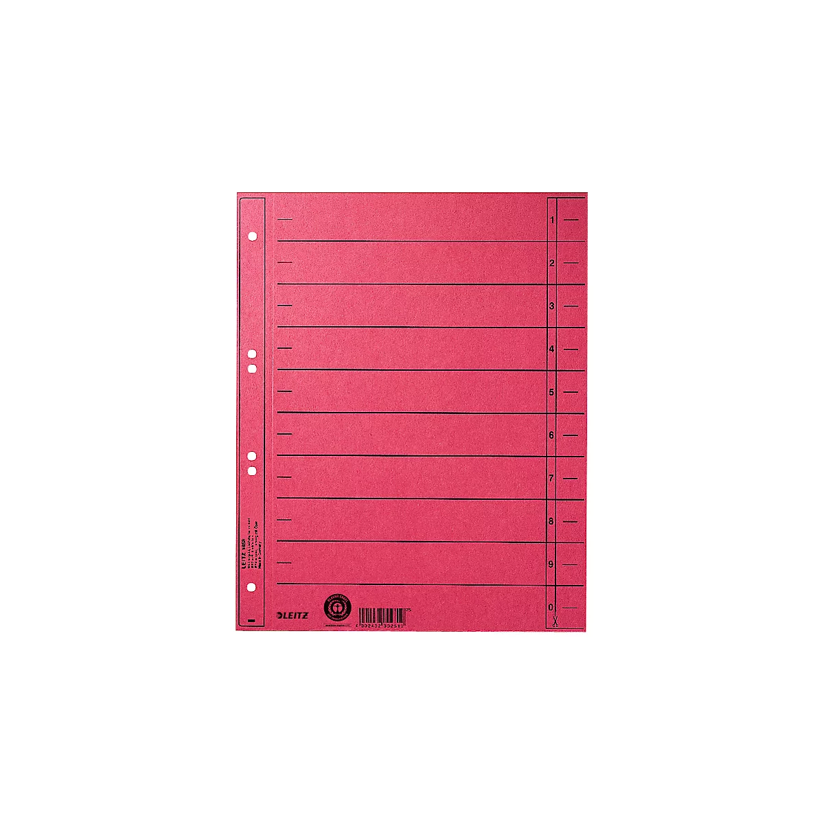 Red filing pocket with perforation. Prints of numbers and the company logo LEITZ.
