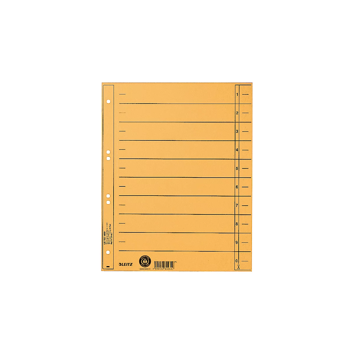 Yellow file folder with holes, horizontal lines and numbers for subdivision.