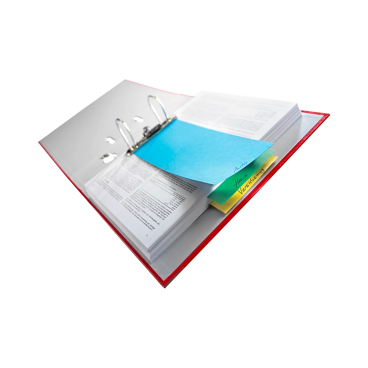 Binder with open pages, blue and yellow markers.