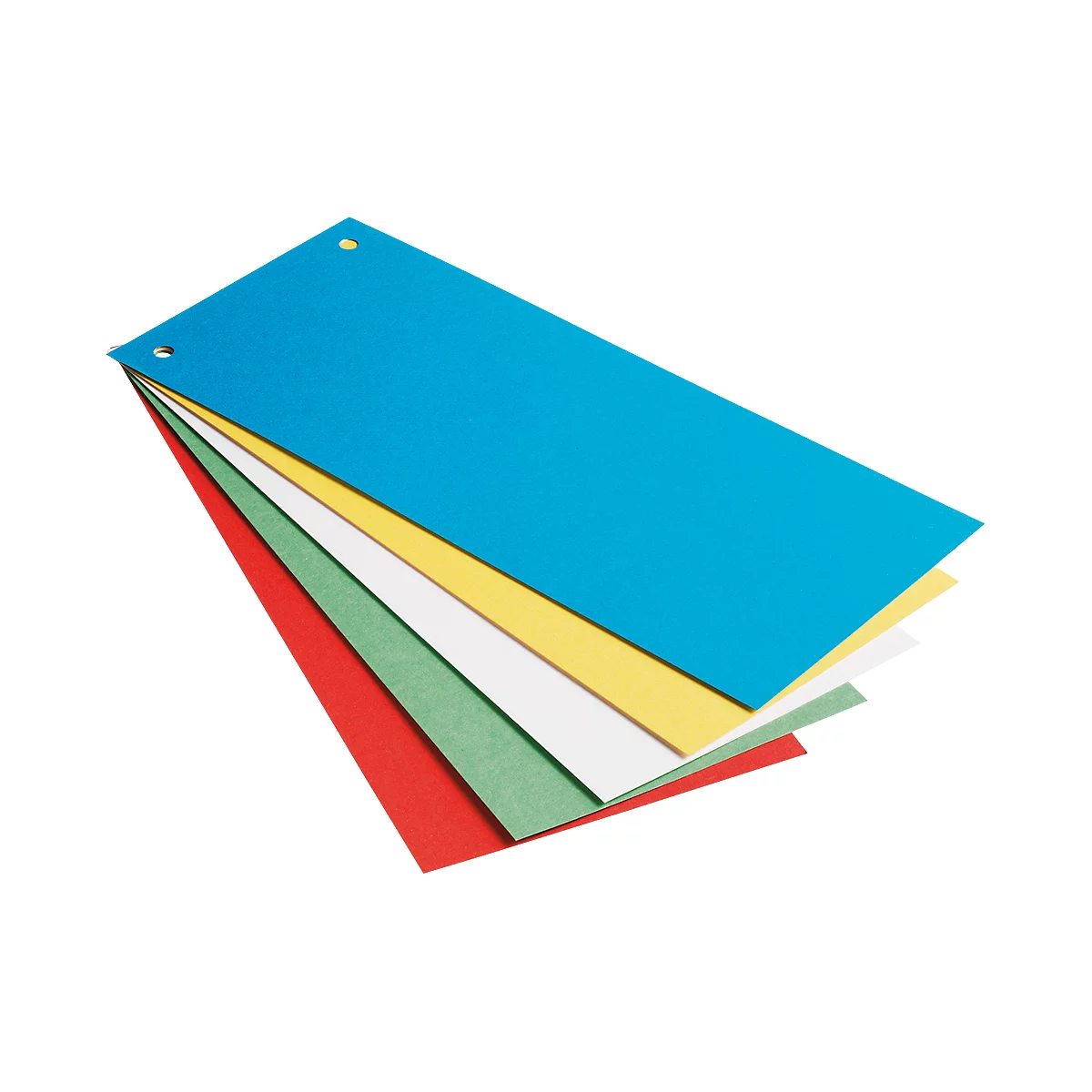 Fan of paper sheets in different colors: red, green, white, yellow and blue. Holes are in the corners.