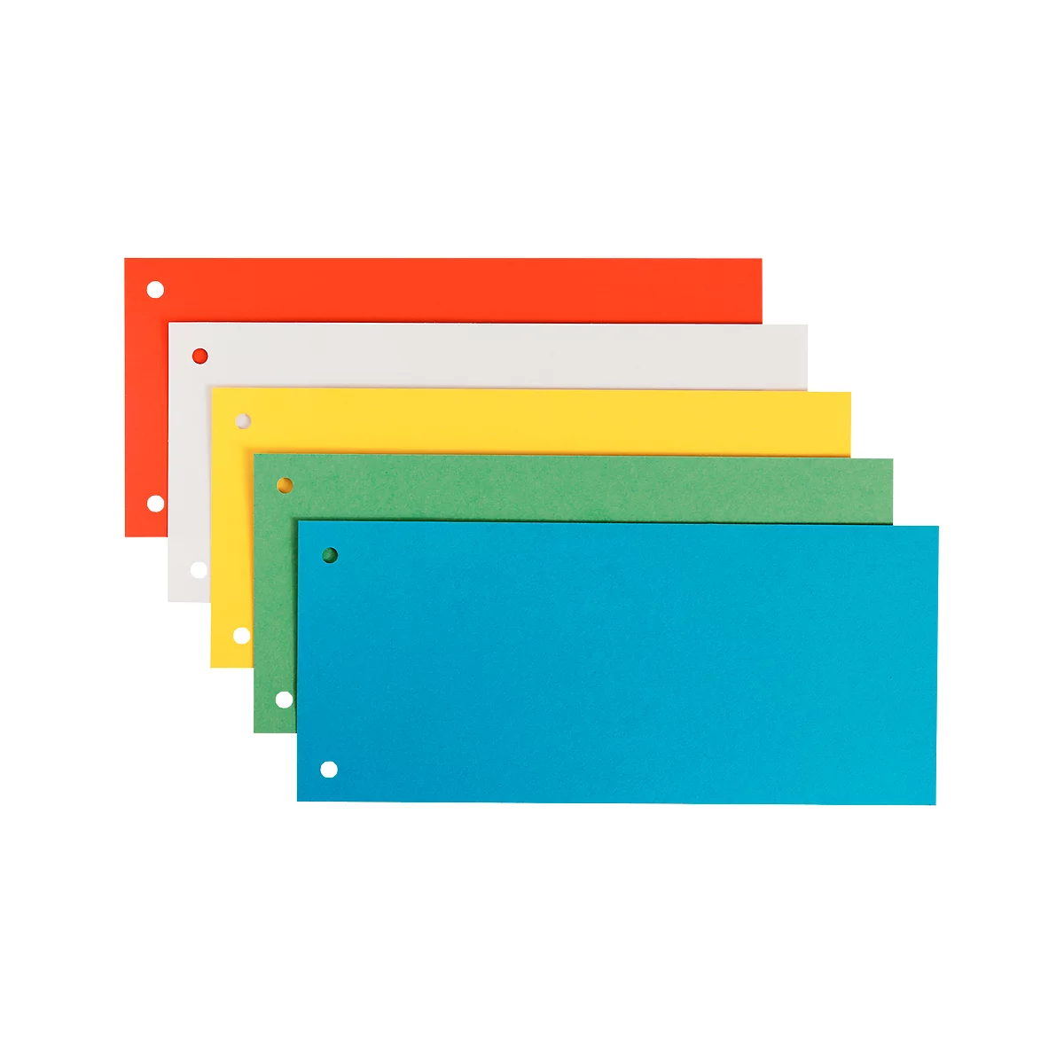 Overlapping, colorful index cards with holes: red, white, yellow, green, blue. White background.