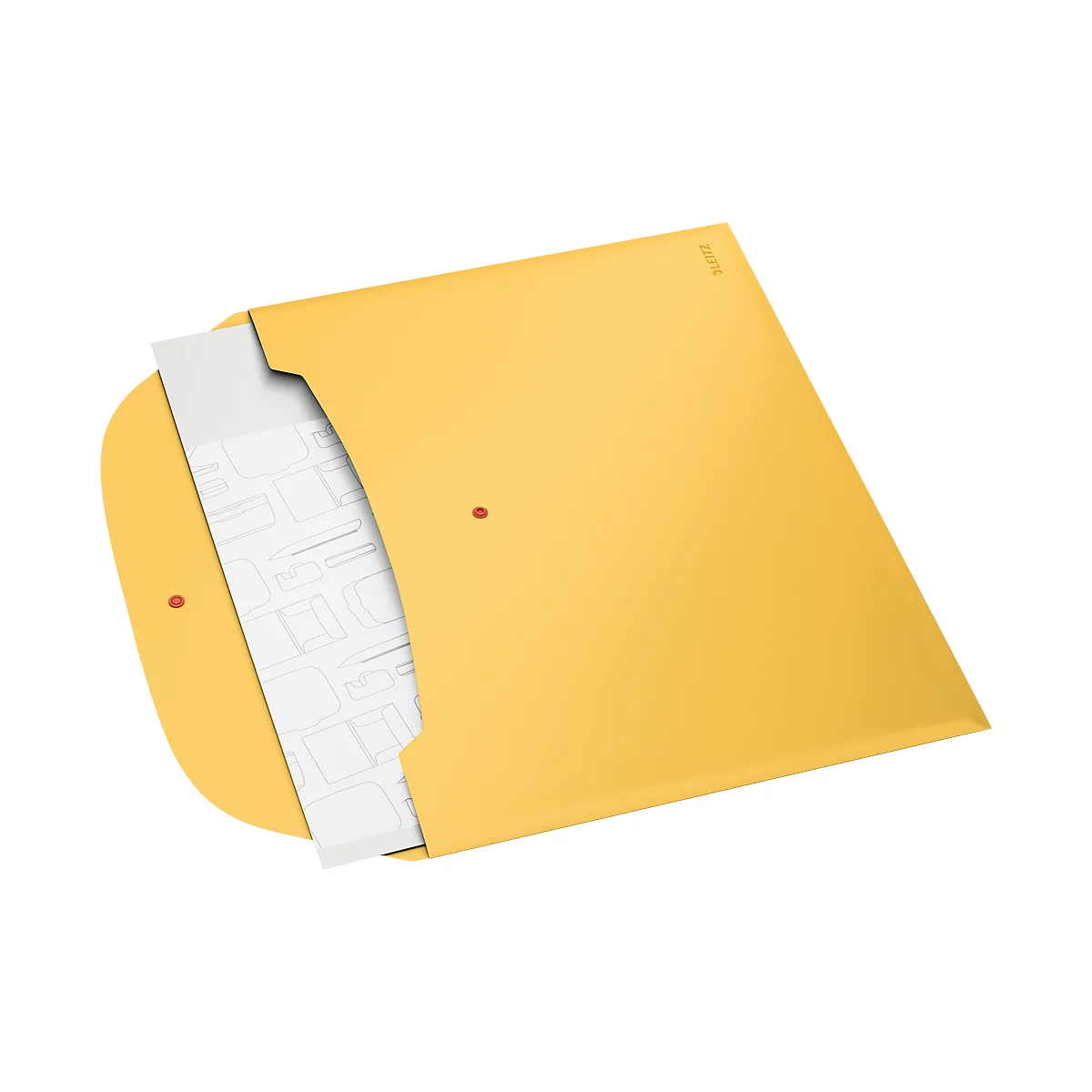 Gelber Umschlag mit herausragenden weißen Dokumenten. Zwei rote Punkte als Verschluss.