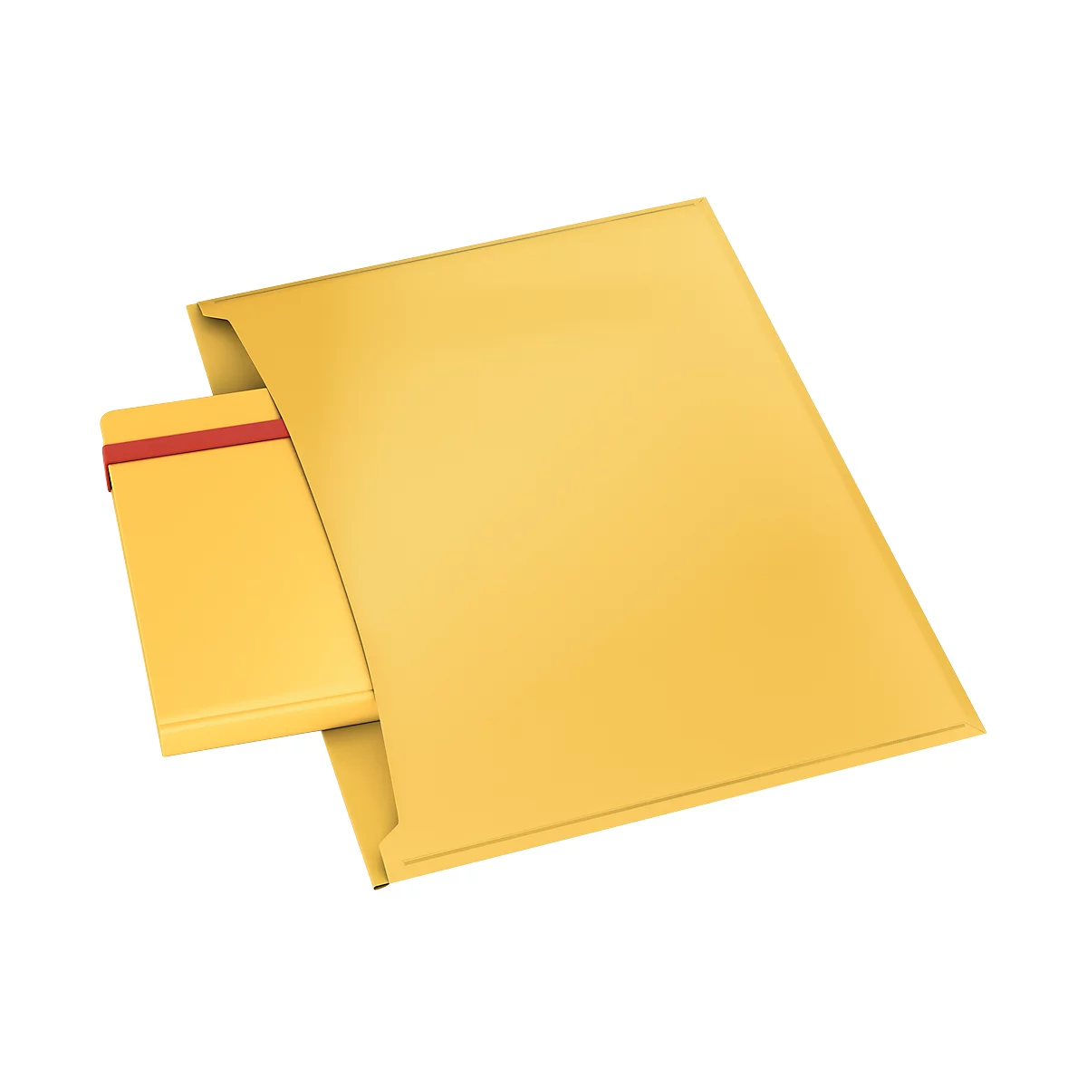 Gelbes Notizbuch mit rotem Gummiband in einem gelben Umschlag.