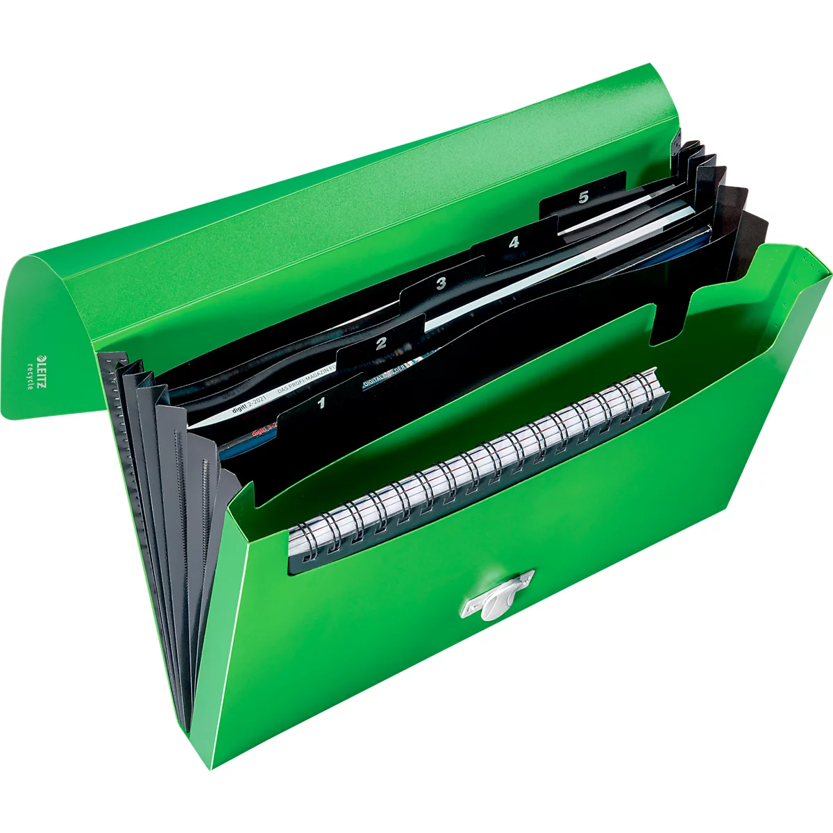 Leitz® Dokumentenmappe Recycle, A4, bis 250 Blatt, 5 Fächer & Ablagefach, blickdicht, 100 % recycelbar, Blauer Engel, Kunststoff, grün