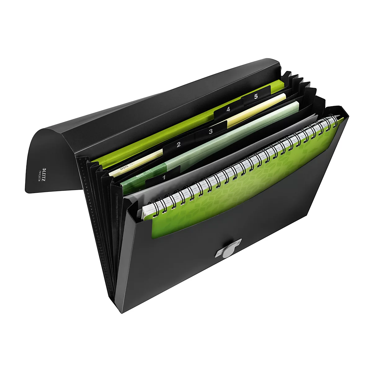 Leitz® Dokumentenmappe Recycle, A4, bis 250 Blatt, 5 Fächer & Ablagefach, blickdicht, 100 % recycelbar, Blauer Engel, Kunststoff, schwarz