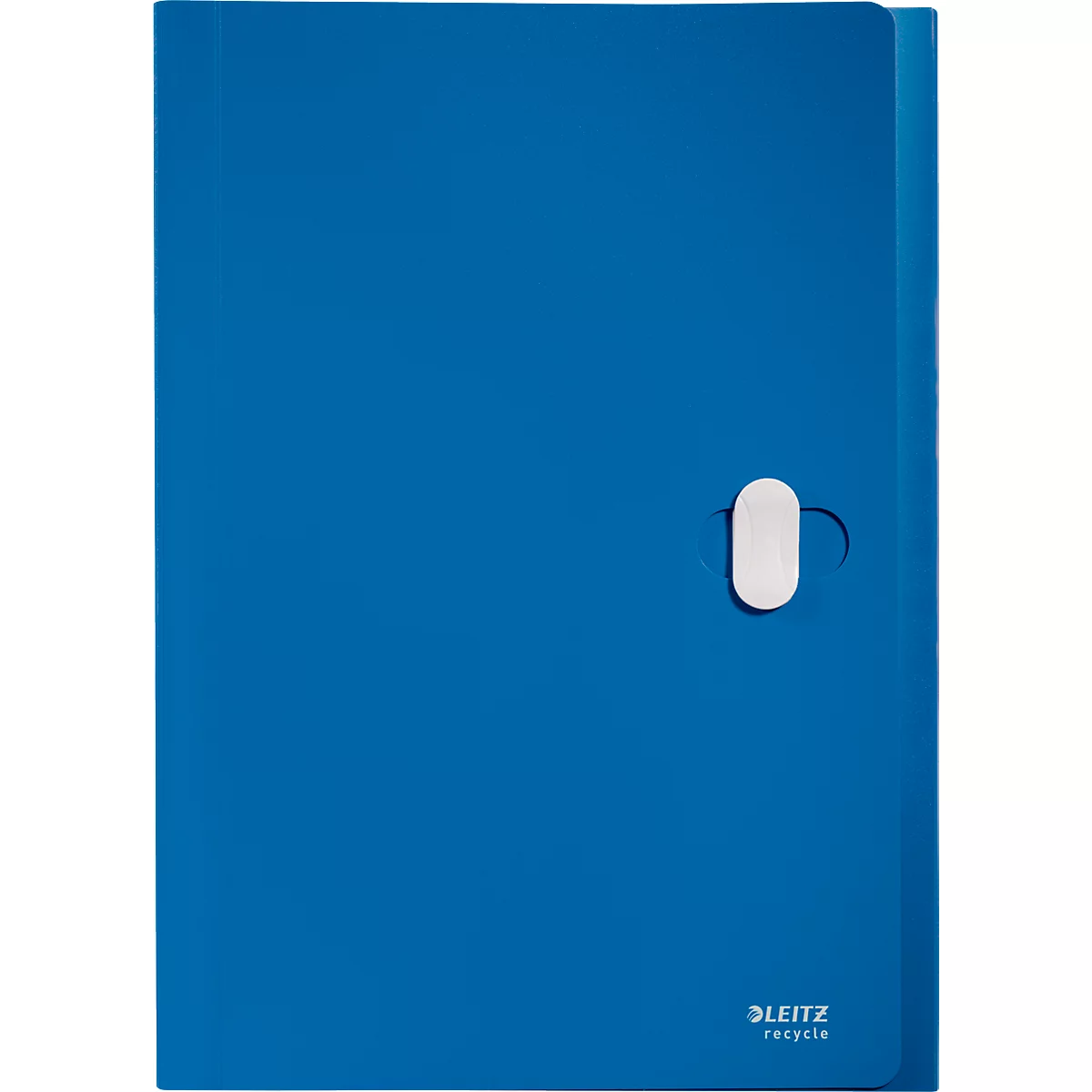 Blauer Leitz-Ordner mit weißem Verschluss. Rechts unten der Schriftzug "LEITZ recycle".