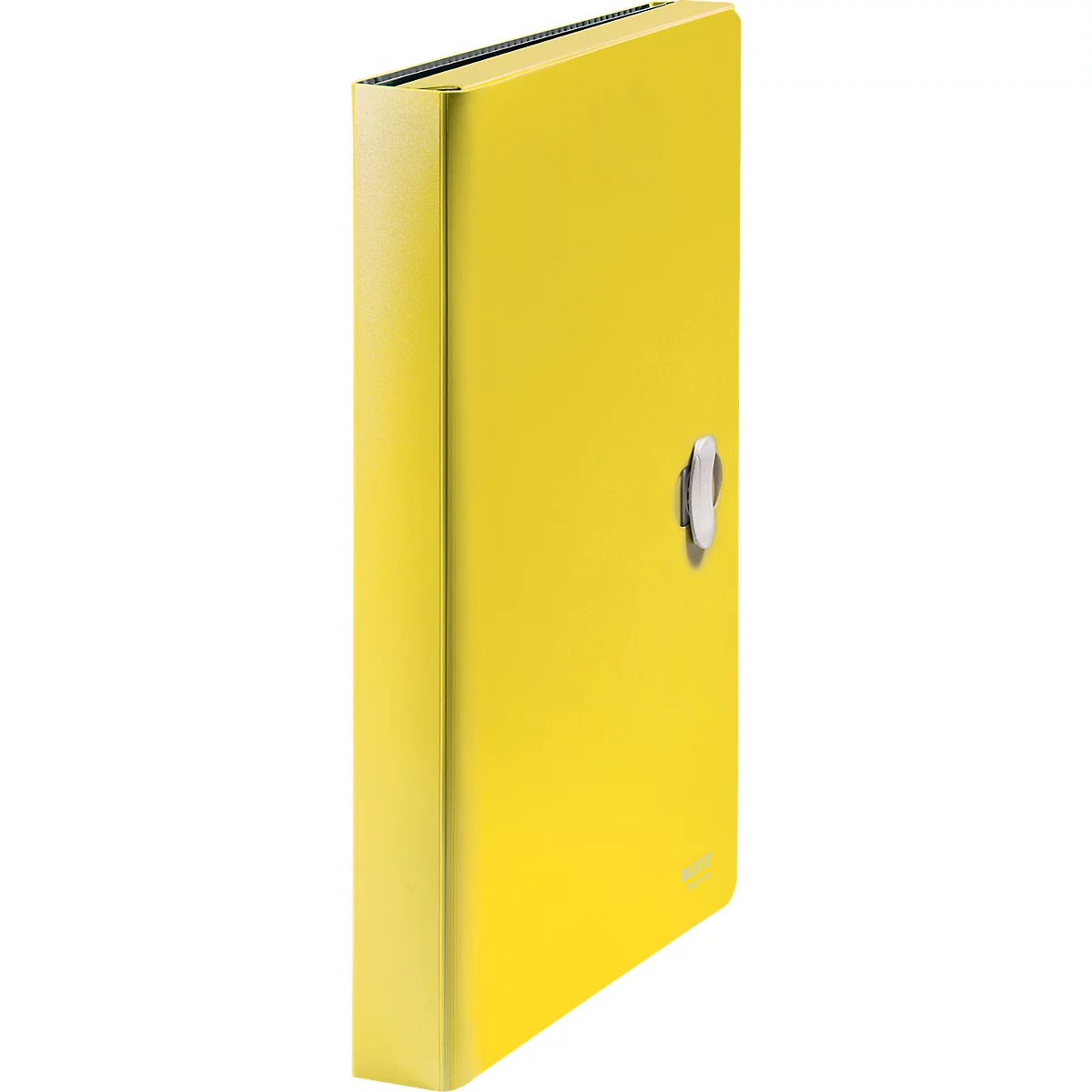 Gelber Schlüsselschrank mit Metallverschluss, von der Seite fotografiert.