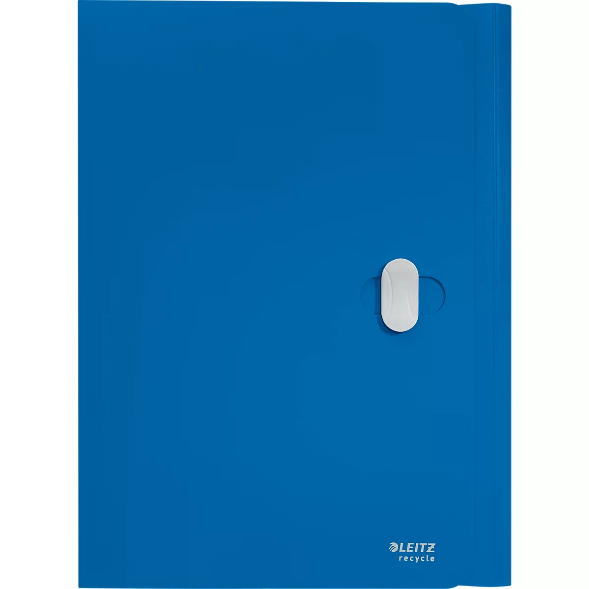 Blauer Leitz-Ordner mit weißem Verschluss. Das Logo "LEITZ recycle" befindet sich unten rechts.