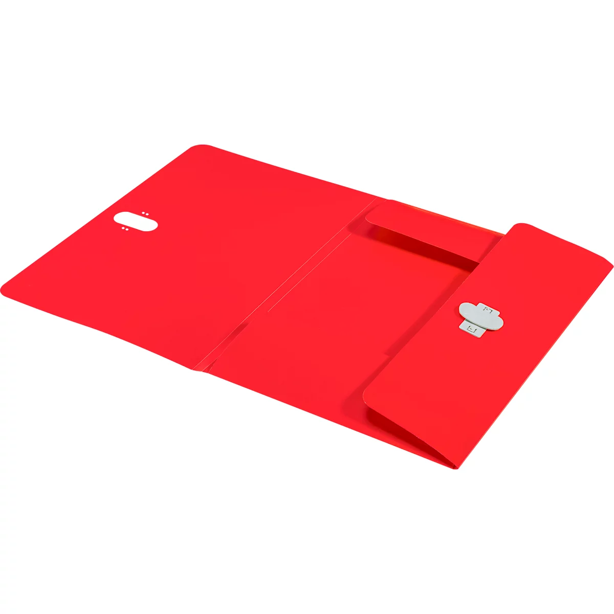 Roter Ordner, offen, mit Klappe und Verschluss.