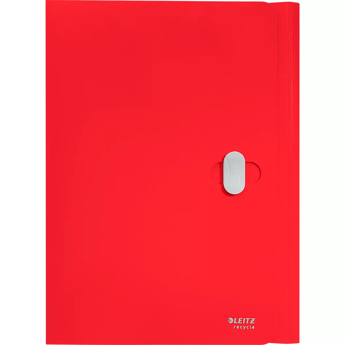 Rote Leitz-Mappe, mit weißem Verschluss und Aufdruck "LEITZ recycle".