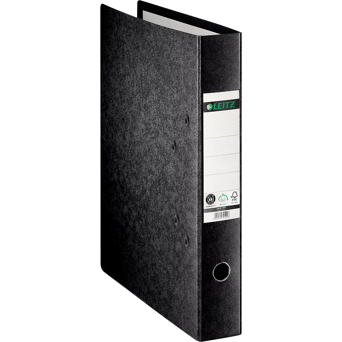 Schwarzer Leitz Ordner im Hochformat, Etikett mit Logo und Barcode.