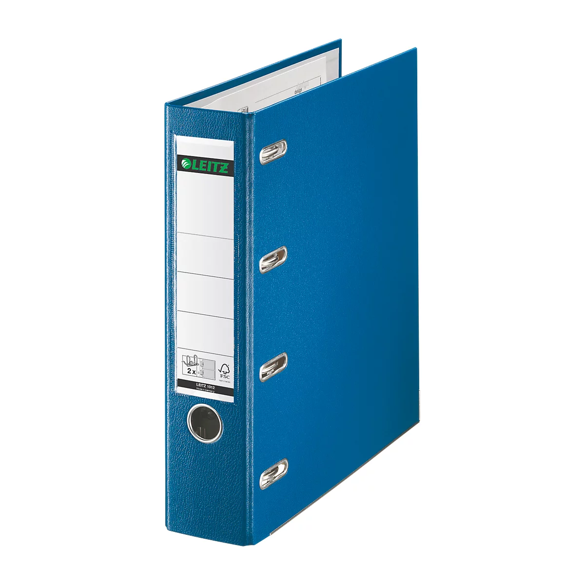 Blue Leitz binder, partially open, with white label and lettering.