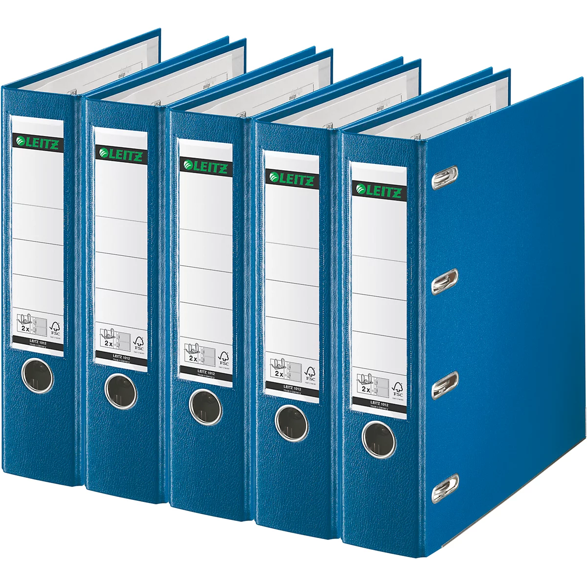 Blue file folders lined up. White labels with the "LEITZ" logo are visible on the spines.