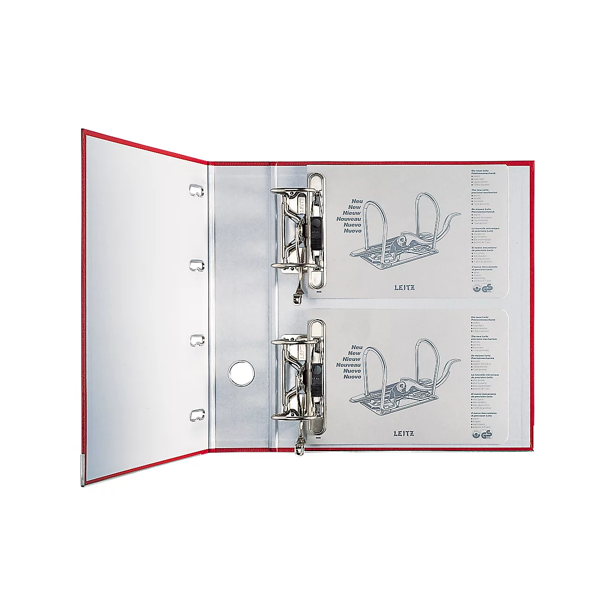 Opened red binder with metal mechanism and two insert sheets. LEITZ logo is visible on the sheets.