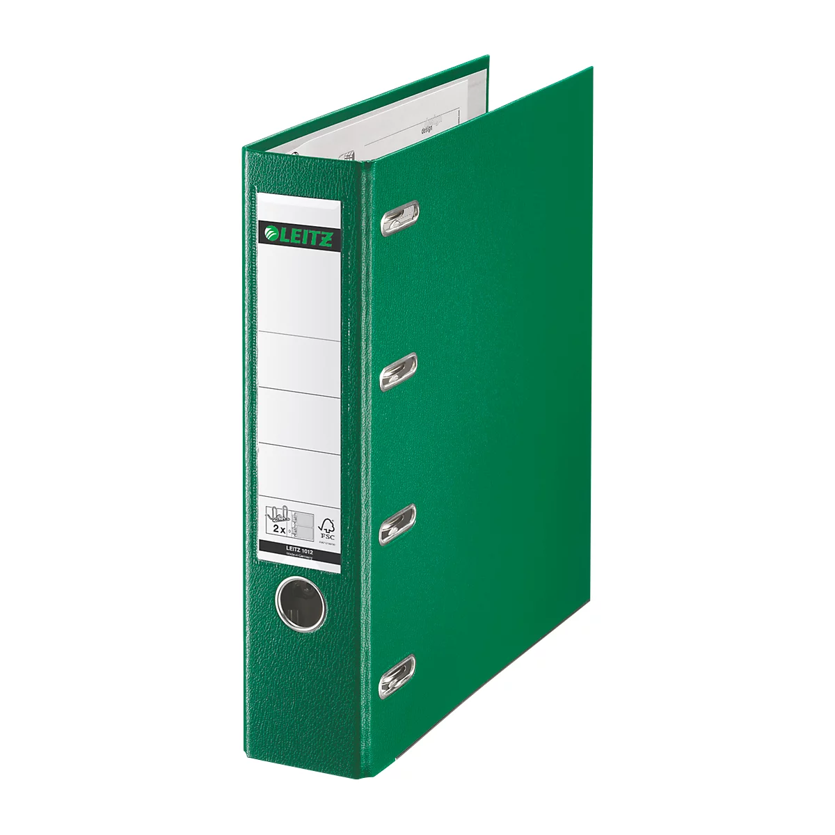 Green Leitz file folder. Label with logo, product information and labels.