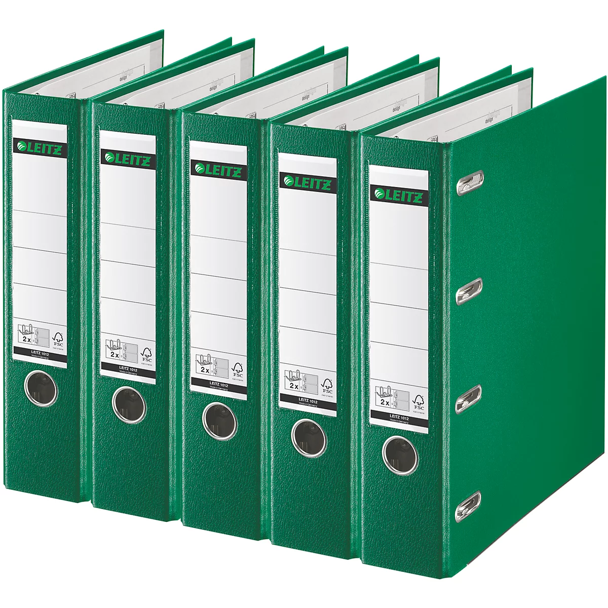 Five green file folders are standing next to each other. The white labels are labeled, with the 'LEITZ' logo.