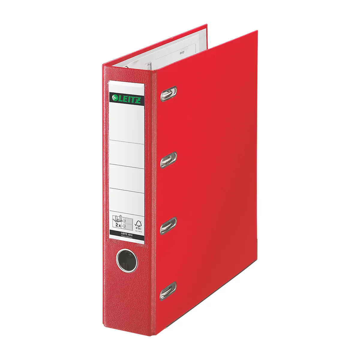 Red Leitz binder, open, with white label and logo.