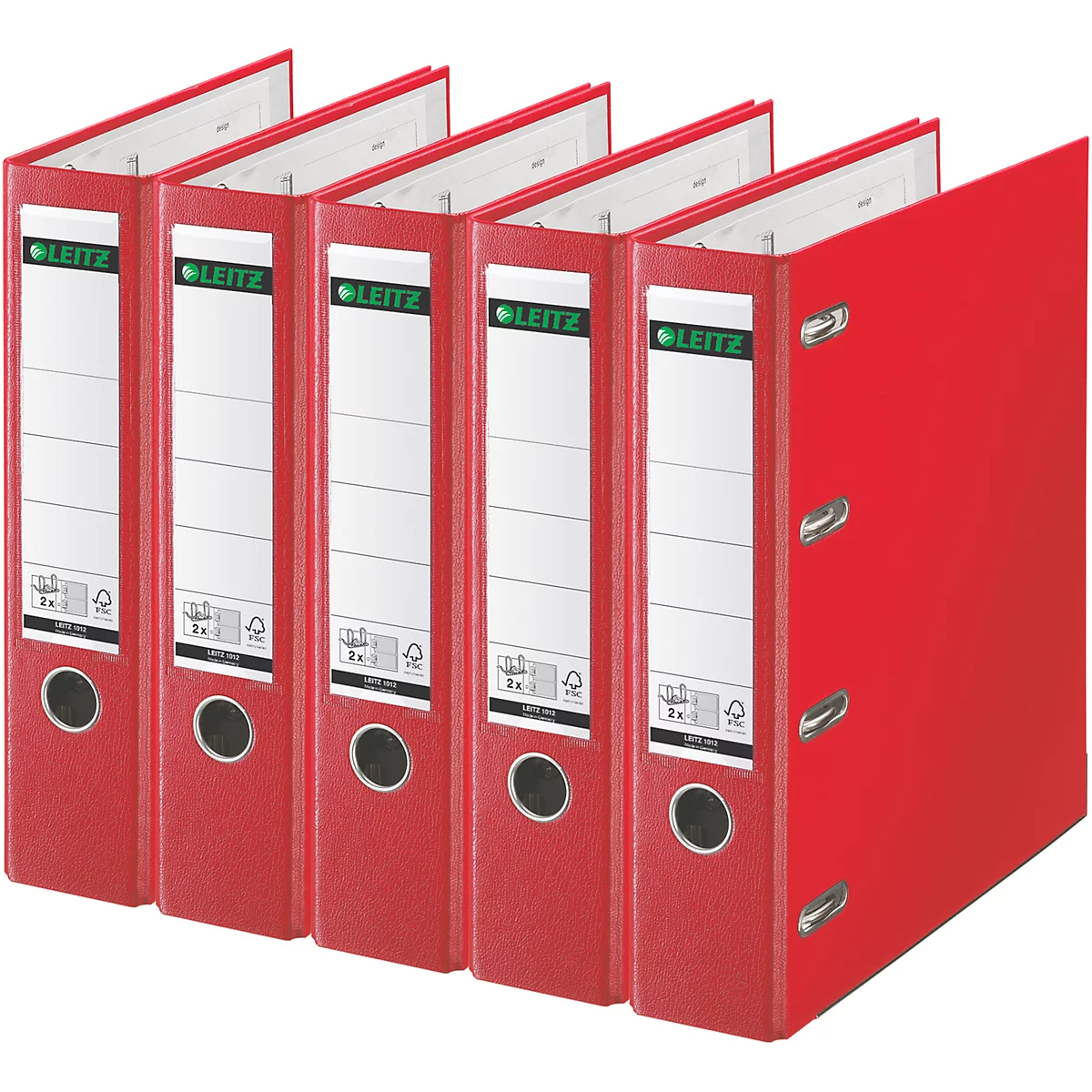 Five red file folders, with a white label and the brand name LEITZ. Individual folders are open.
