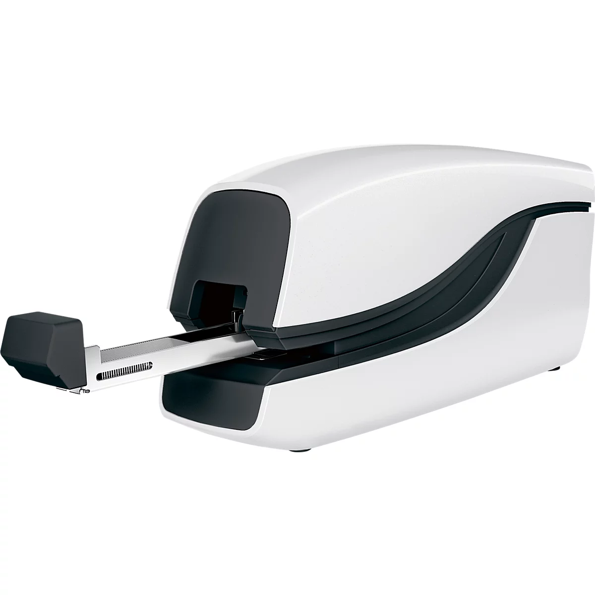 Wit, futuristisch uitziend apparaat met een zwarte contour. De lange arm van het apparaat steekt uit.