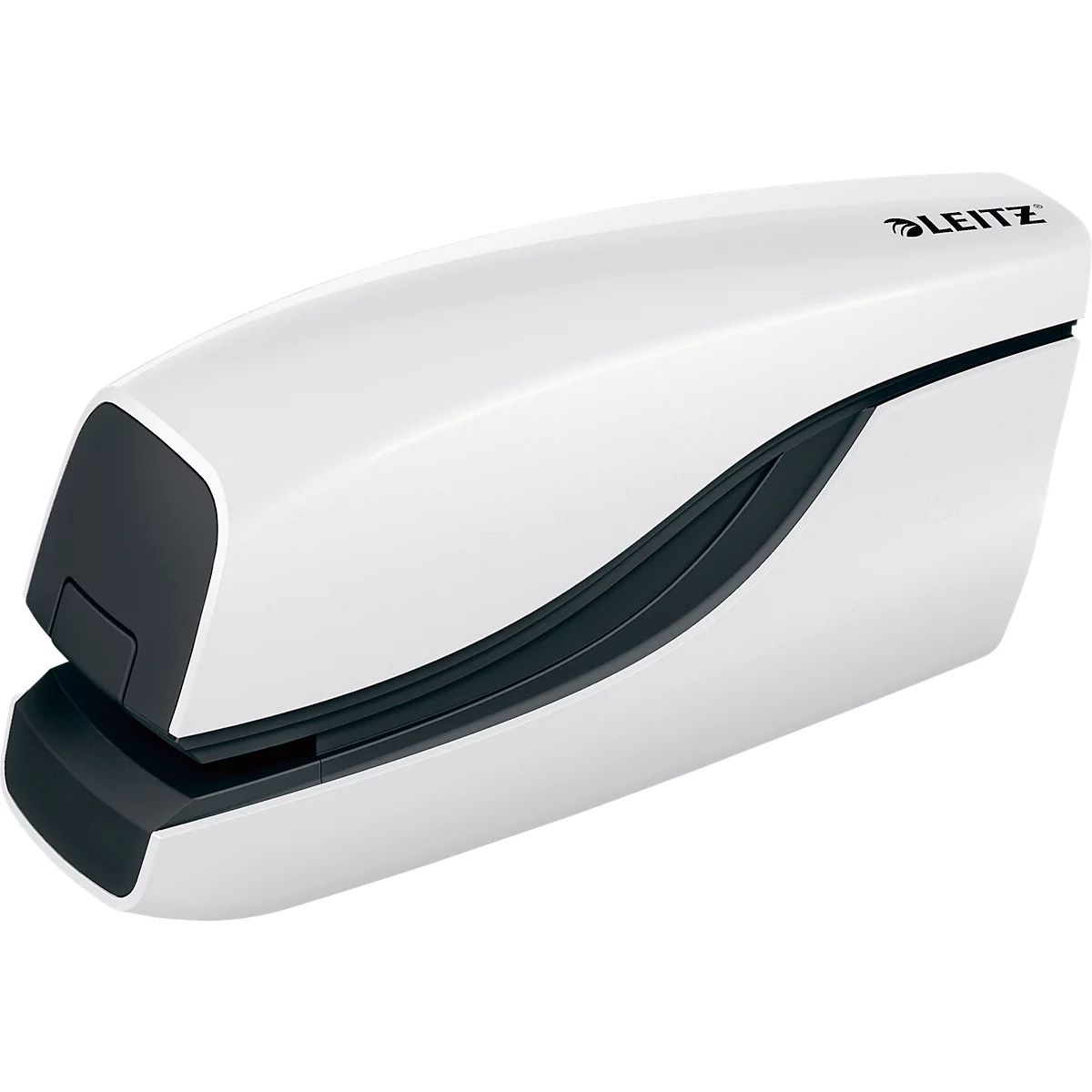 Witte nietmachine met zwarte accenten. De merknaam Leitz staat op de nietmachine.