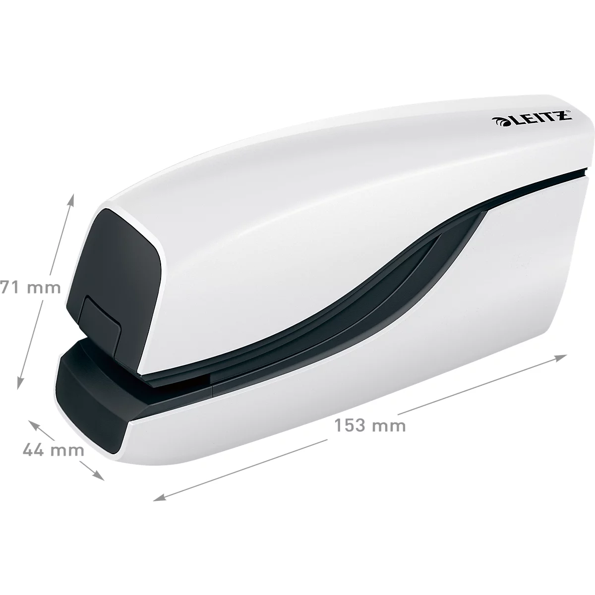 Witte nietmachine met zwarte accenten. Afmetingen: 153 x 71 x 44 mm. LEITZ-logo rechtsboven.