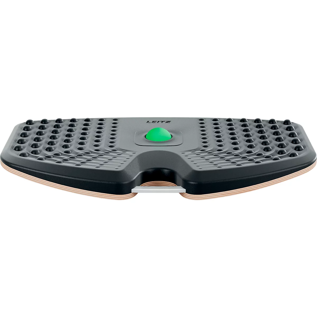 Repose-pieds ergonomique noir et gris avec des picots. Un bouton vert et l'inscription LEITZ sont visibles.