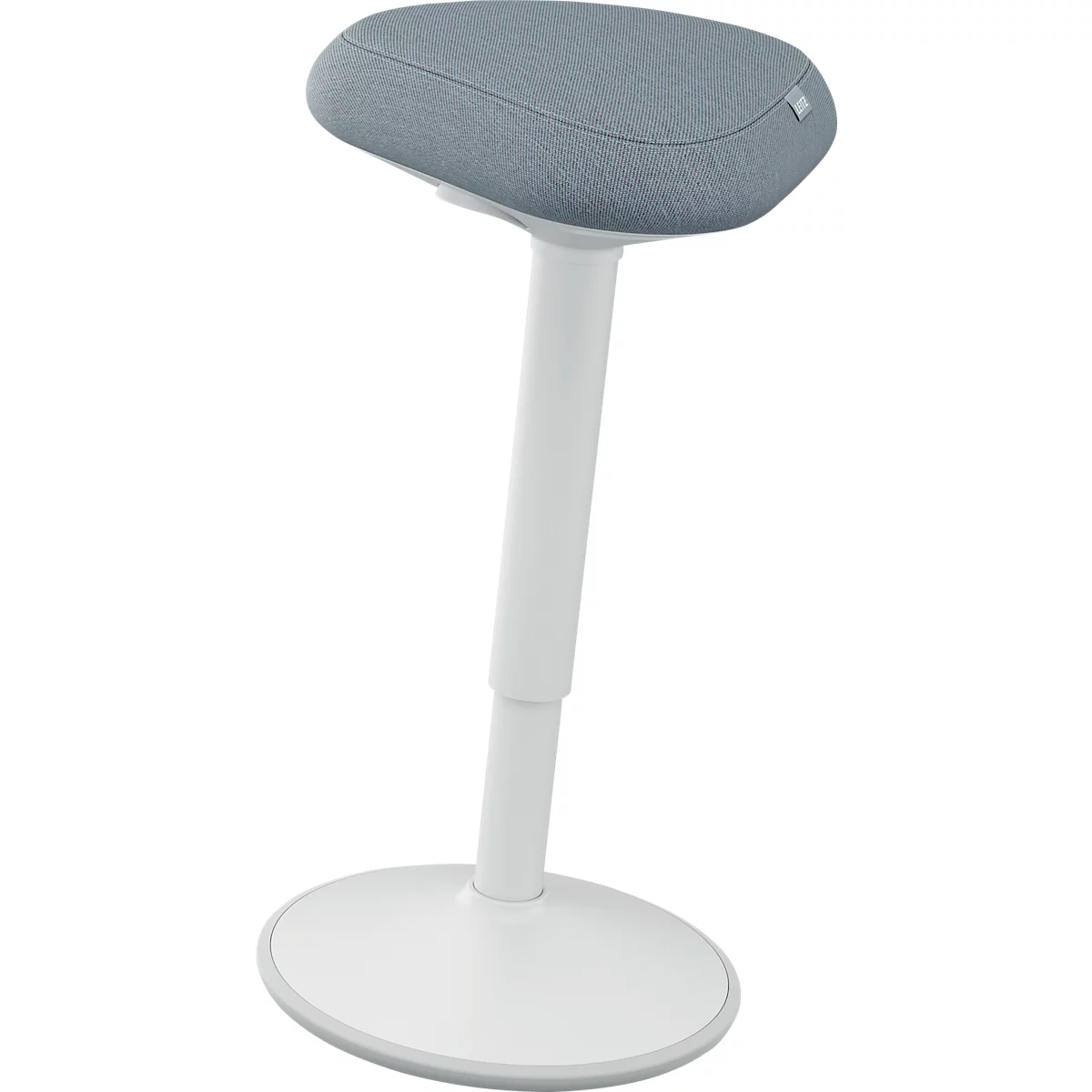 An ergonomic white standing stool with a grey seat cushion. The stool has an oval seat and a round base.