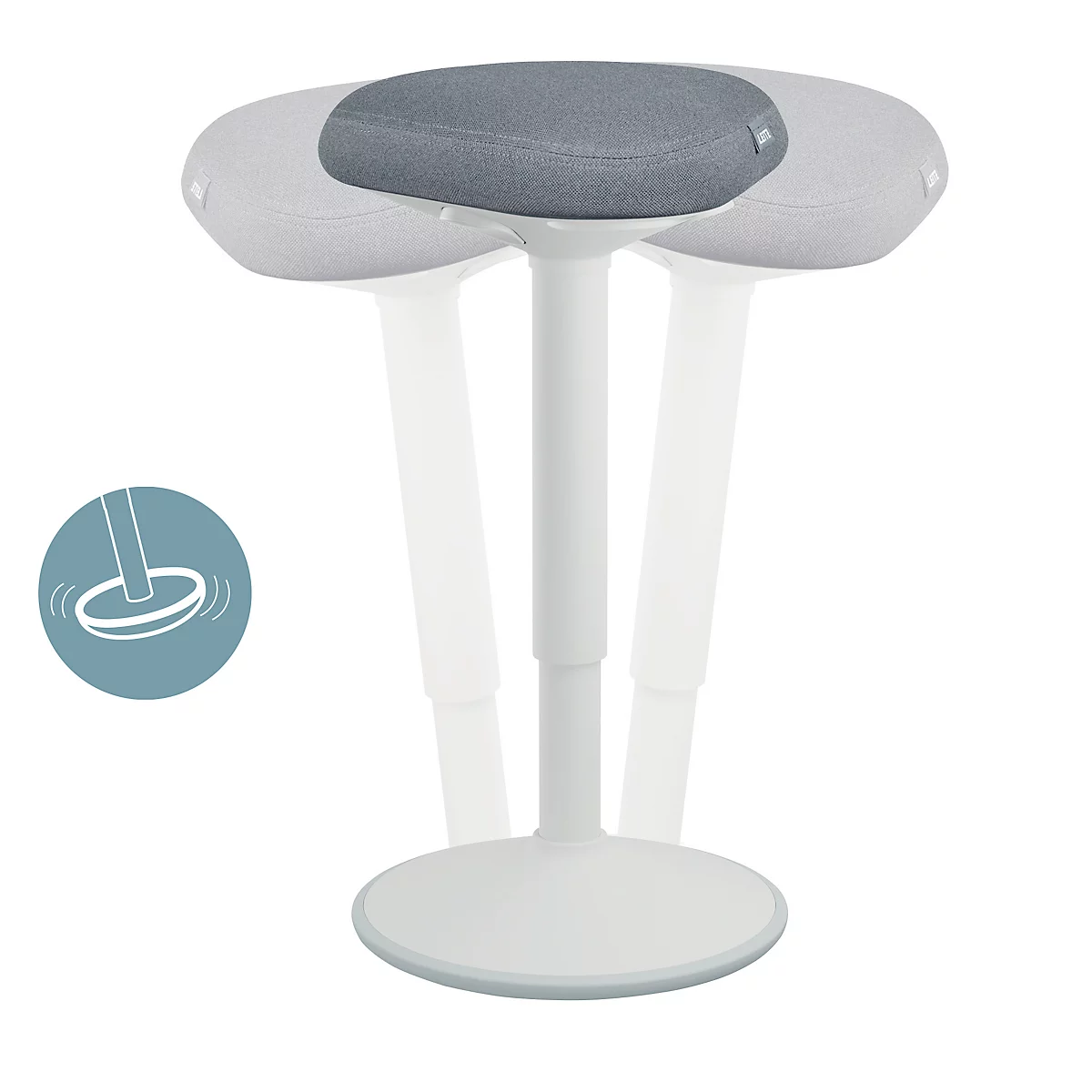 Standing stool with gray seat and white frame. A blue graphic shows the stool's oscillating function.