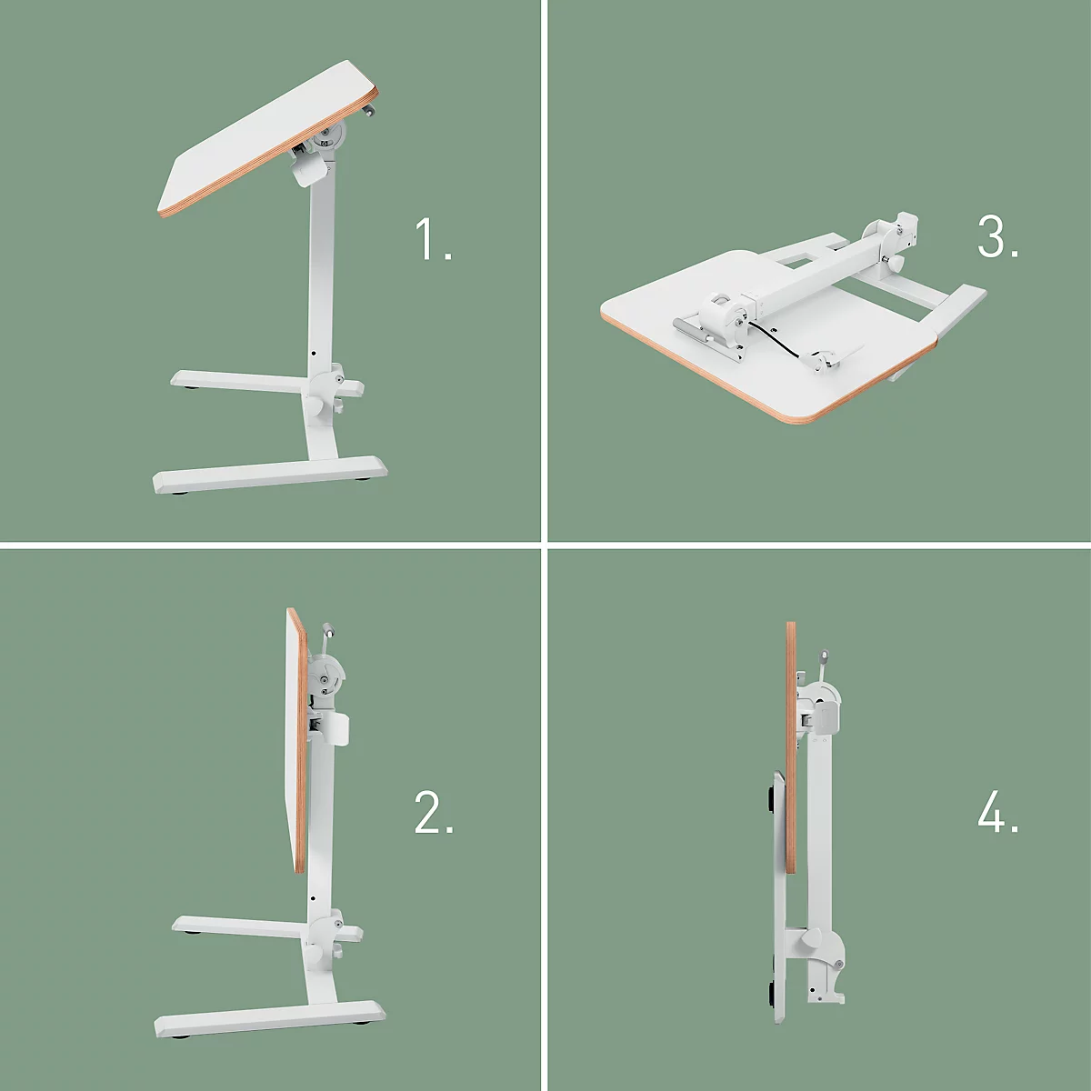 Vier afbeeldingen van een witte verstelbare laptoptafel in verschillende posities.