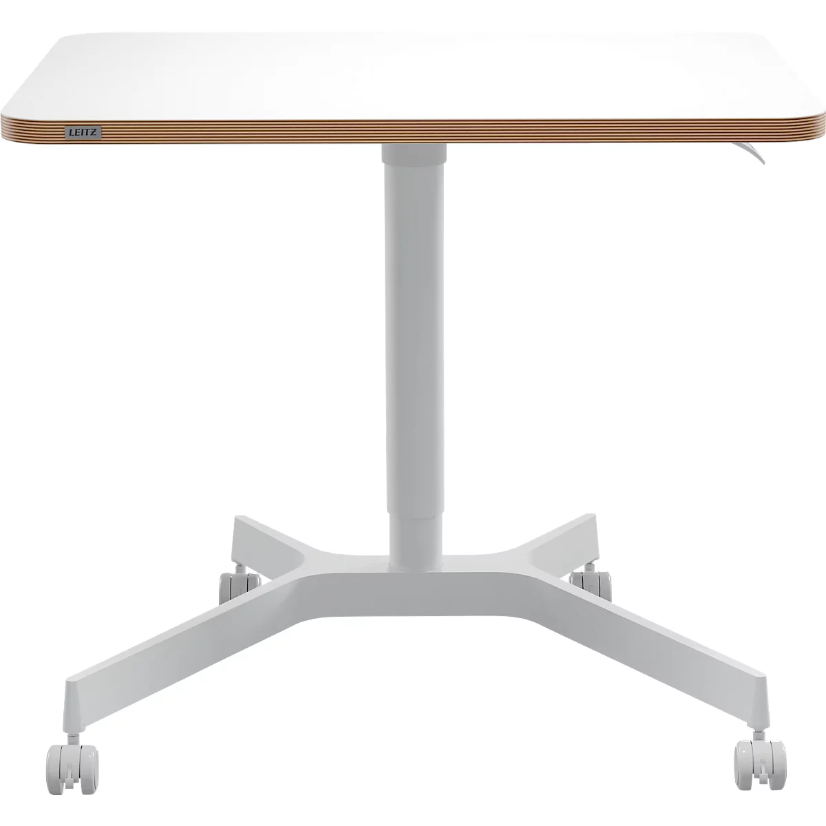 A white, square standing desk on casters. The tabletop has a wooden frame. The frame is white.