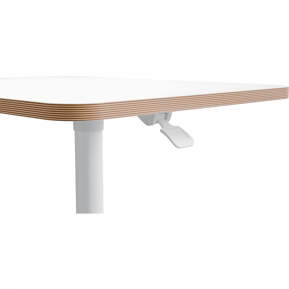 Close-up of a table edge: White table top with wood veneer edge, white leg and lever.