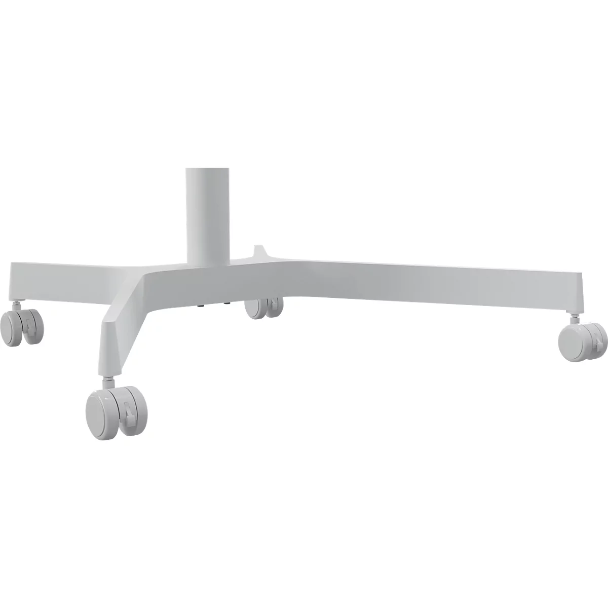 White table frame with castors. The legs are angular and connected. Each leg has castors for movement.
