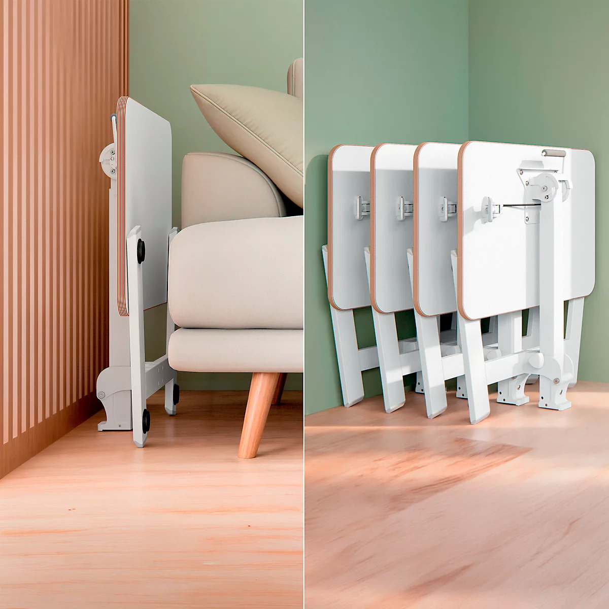 Folding white table placed by the sofa, next to other stacked tables, wood effect.