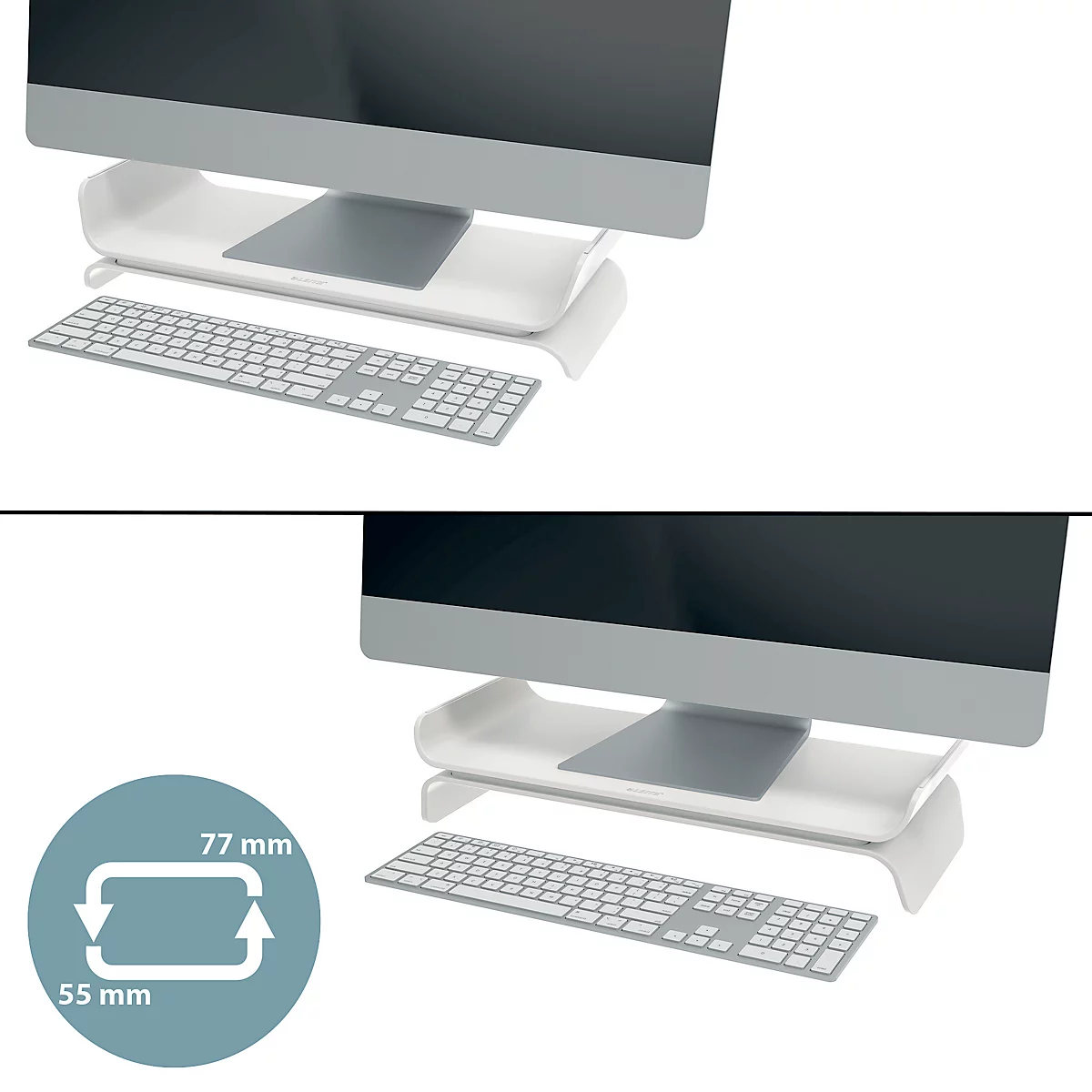Leitz® Ergo monitorstandaard, voor 1 beeldscherm tot 27', in hoogte verstelbaar, met opbergruimte voor toetsenbord, B 209 x D 438 x H 112 mm, lichtgrijs