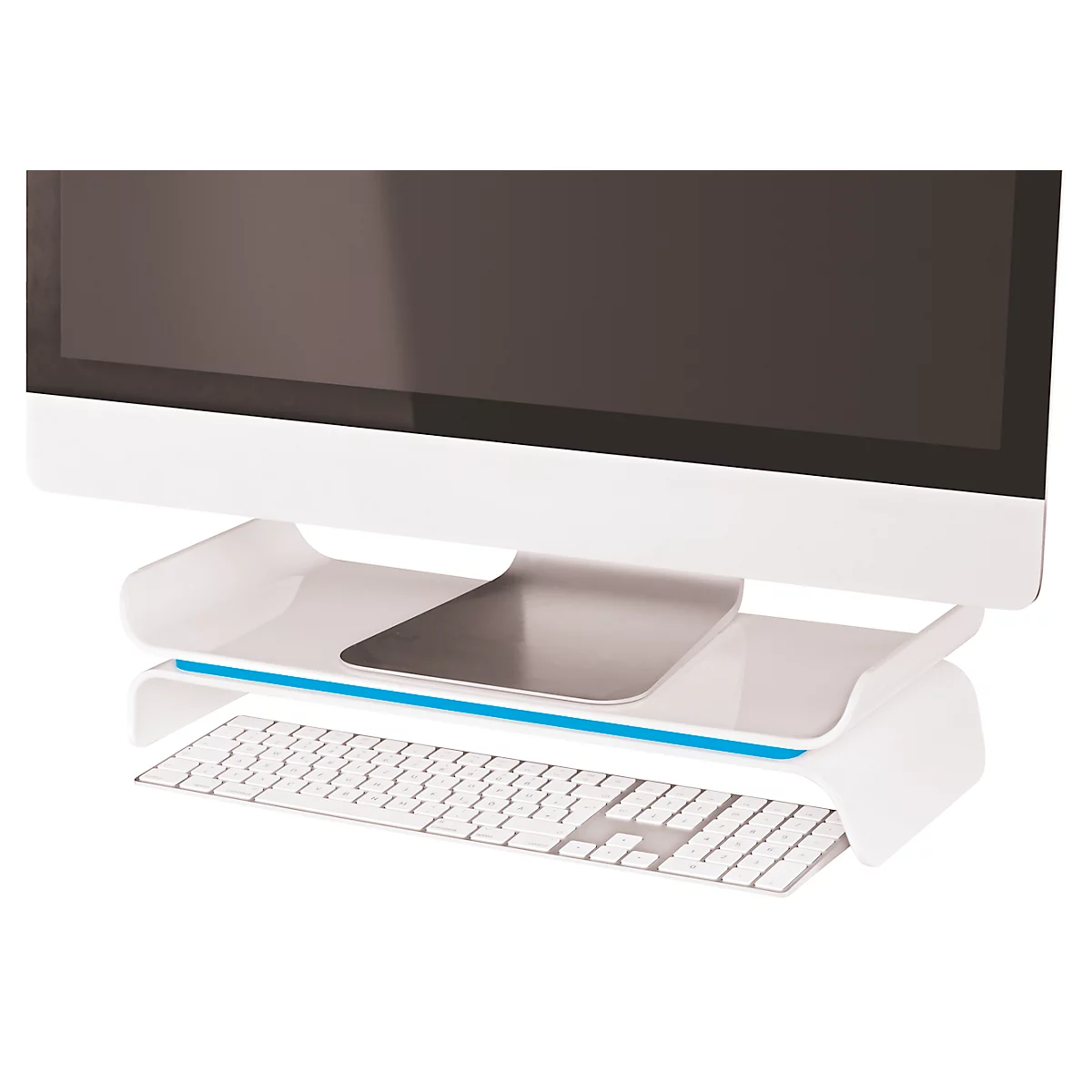 LEITZ® Ergo WOW Monitorständer, ergonomisch, für Monitore bis 27', 2-stufig höhenverstellbar mit Ablagefläche für Tastatur, B 209 x H 112 mm, weiss/blau