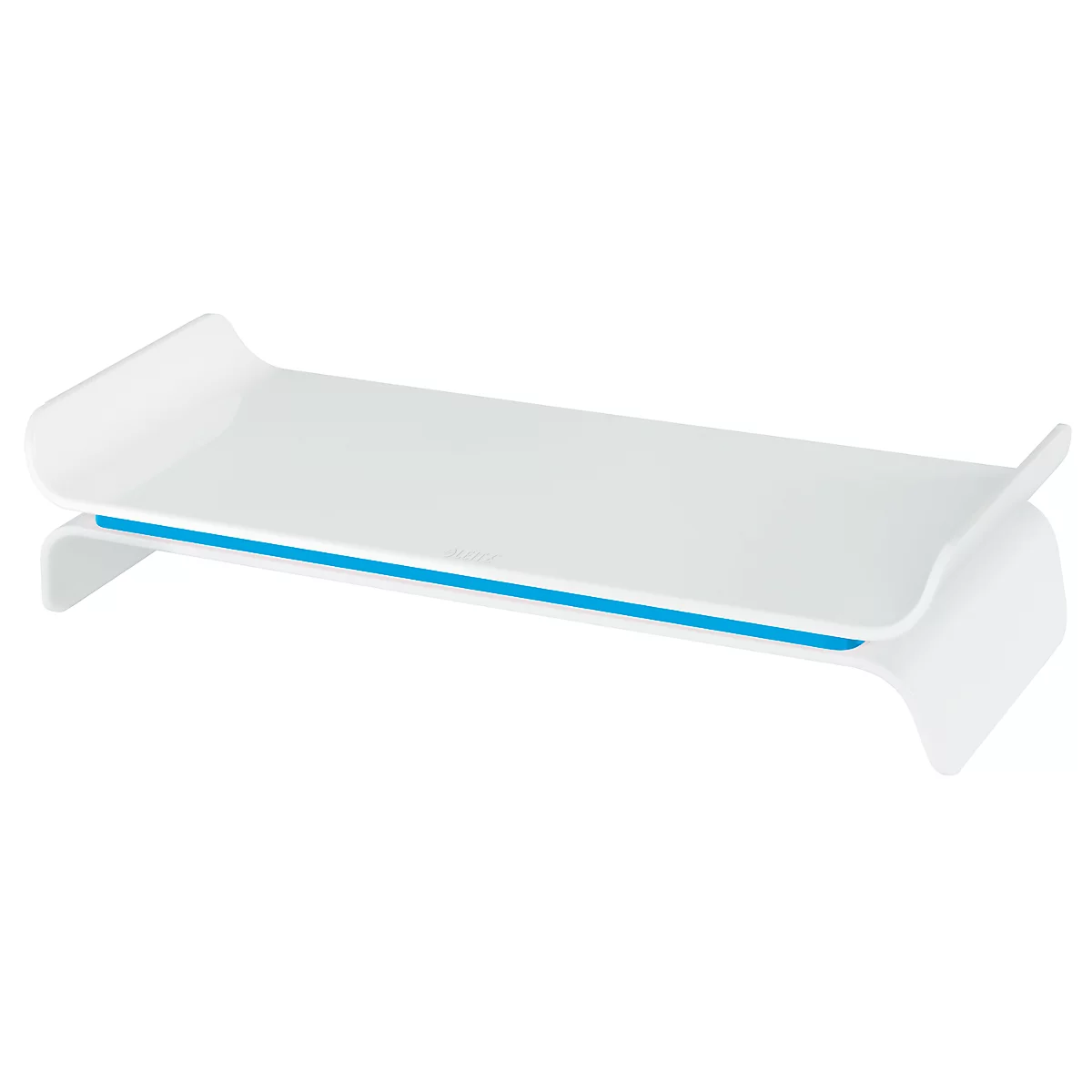 LEITZ® Ergo WOW Monitorständer, ergonomisch, für Monitore bis 27', 2-stufig höhenverstellbar mit Ablagefläche für Tastatur, B 209 x H 112 mm, weiss/blau