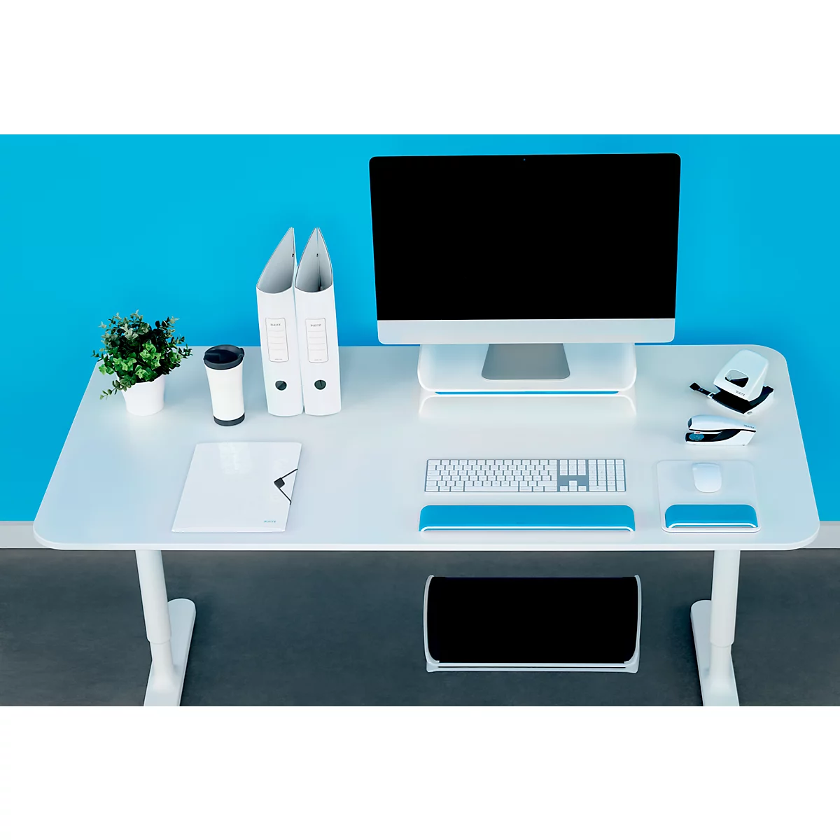 LEITZ® Ergo WOW Monitorständer, ergonomisch, für Monitore bis 27', 2-stufig höhenverstellbar mit Ablagefläche für Tastatur, B 209 x H 112 mm, weiss/blau