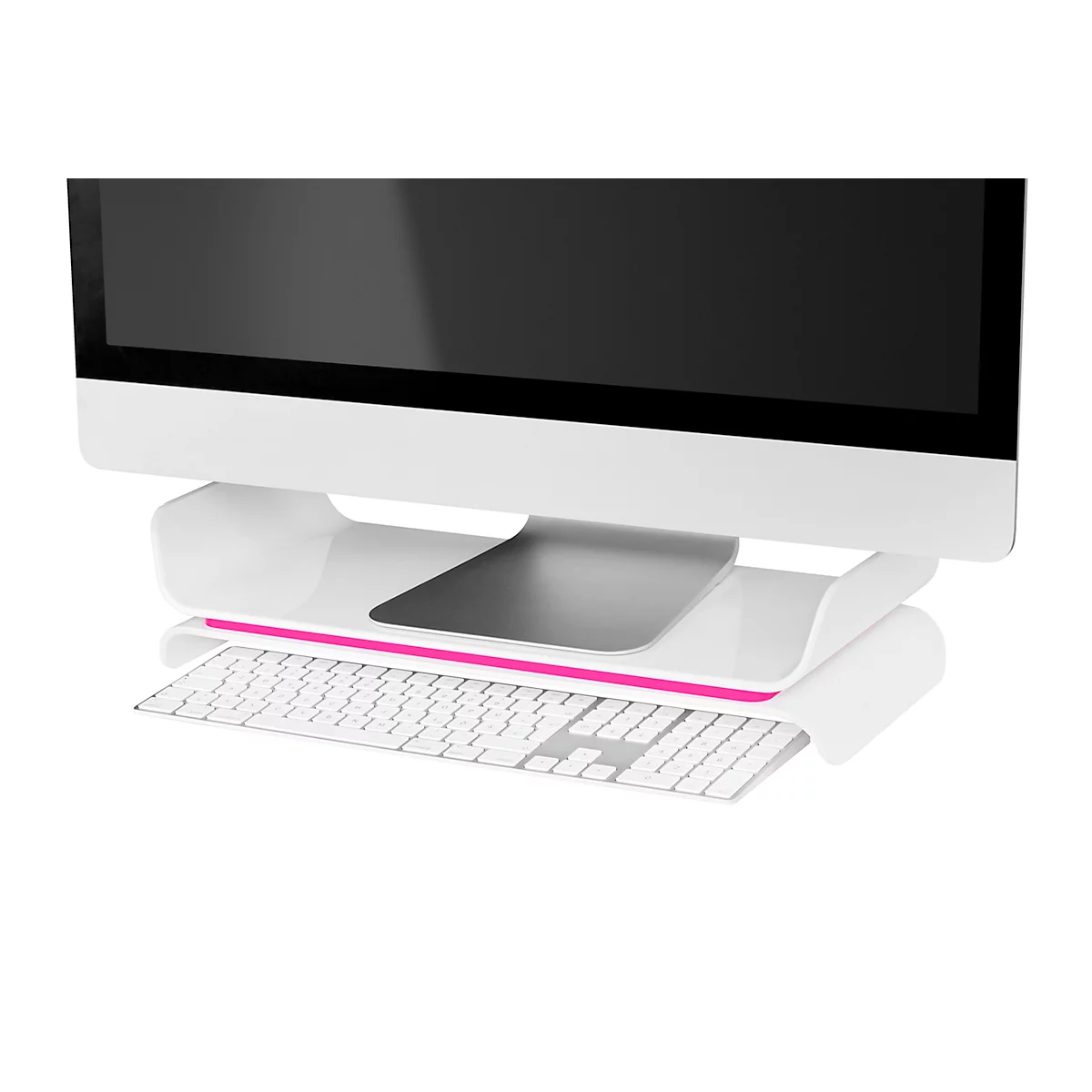 LEITZ® Ergo WOW Monitorständer, ergonomisch, für Monitore bis 27", 2-stufig höhenverstellbar mit Ablagefläche für Tastatur, B 209 x H 112 mm, weiss/rosa