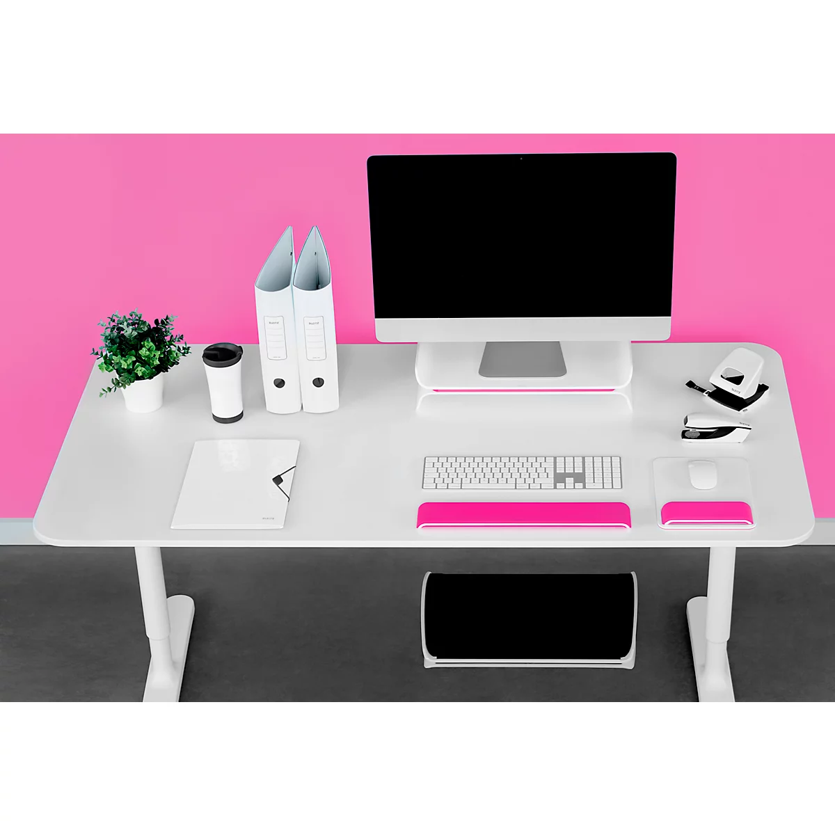 LEITZ® Ergo WOW Monitorständer, ergonomisch, für Monitore bis 27", 2-stufig höhenverstellbar mit Ablagefläche für Tastatur, B 209 x H 112 mm, weiss/rosa