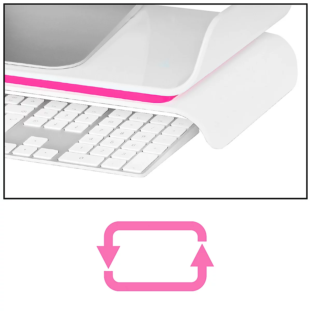 LEITZ® Ergo WOW Monitorständer, ergonomisch, für Monitore bis 27", 2-stufig höhenverstellbar mit Ablagefläche für Tastatur, B 209 x H 112 mm, weiss/rosa