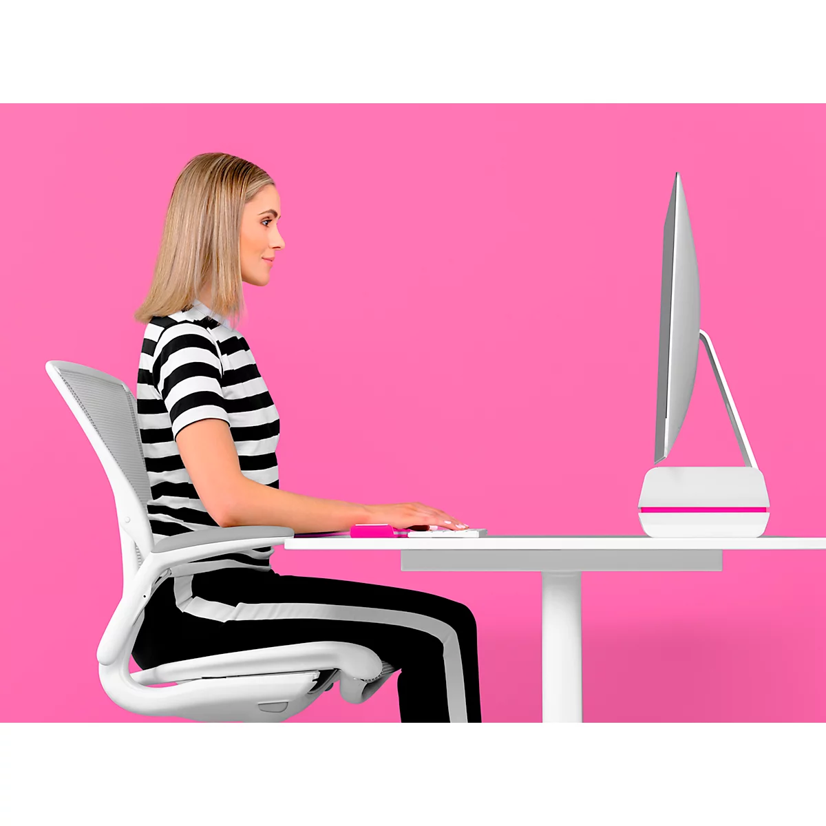 LEITZ® Ergo WOW Monitorständer, ergonomisch, für Monitore bis 27", 2-stufig höhenverstellbar mit Ablagefläche für Tastatur, B 209 x H 112 mm, weiss/rosa
