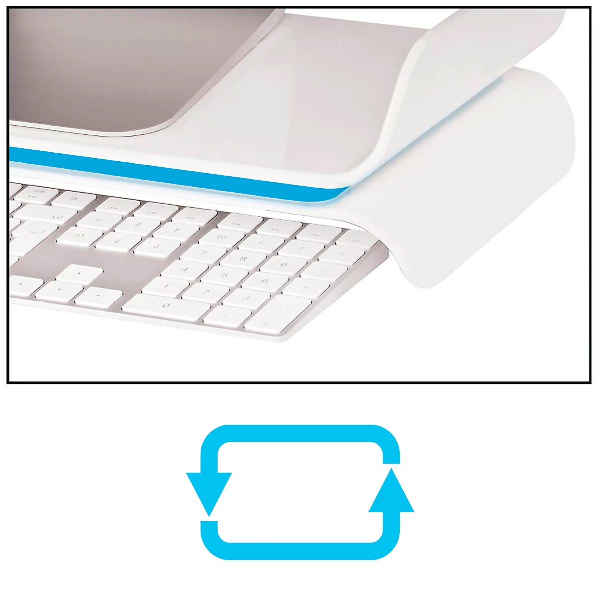 LEITZ® Ergo WOW support de moniteur, ergonomique, pour moniteurs jusqu'à 27', réglable en hauteur sur 2 niveaux avec espace de rangement pour clavier, L 209 x H 112 mm, blanc/bleu