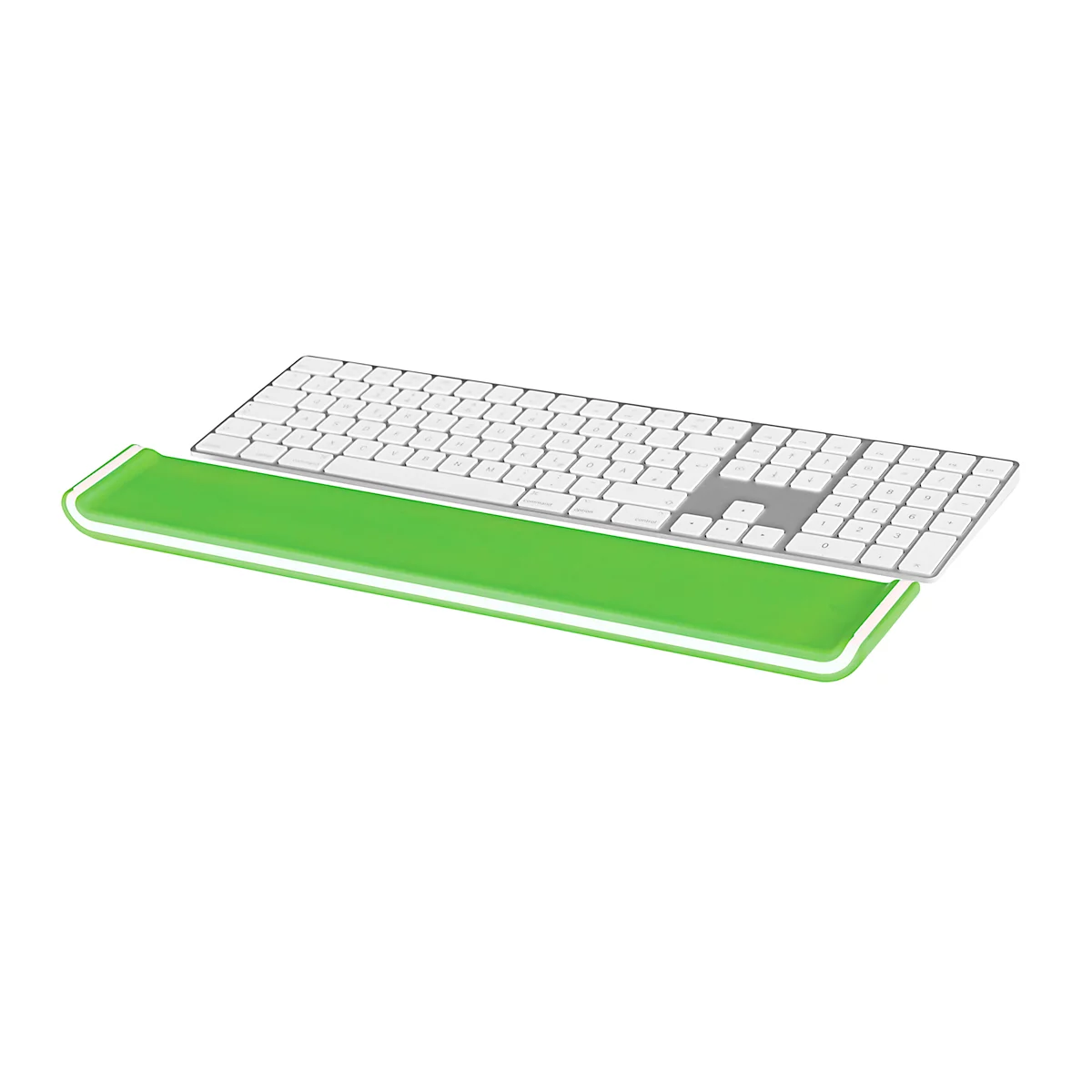 A white keyboard with a green wrist rest, on a white background. The keyboard is on top, the rest is at the bottom.