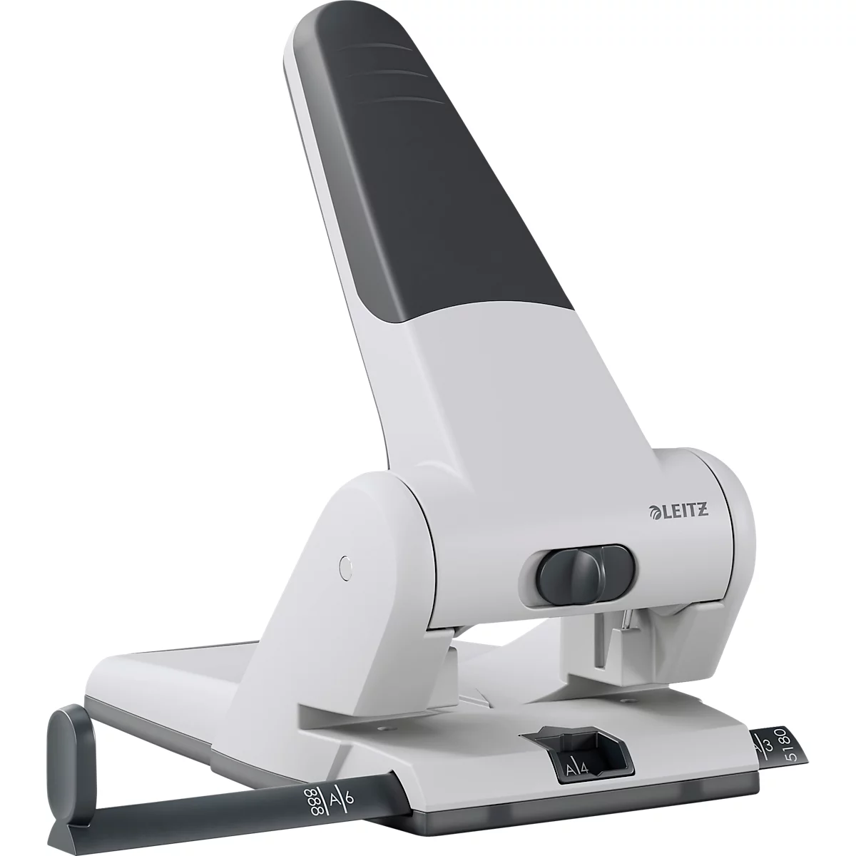 White hole punch with dark gray elements. The name 'LEITZ' is visible.