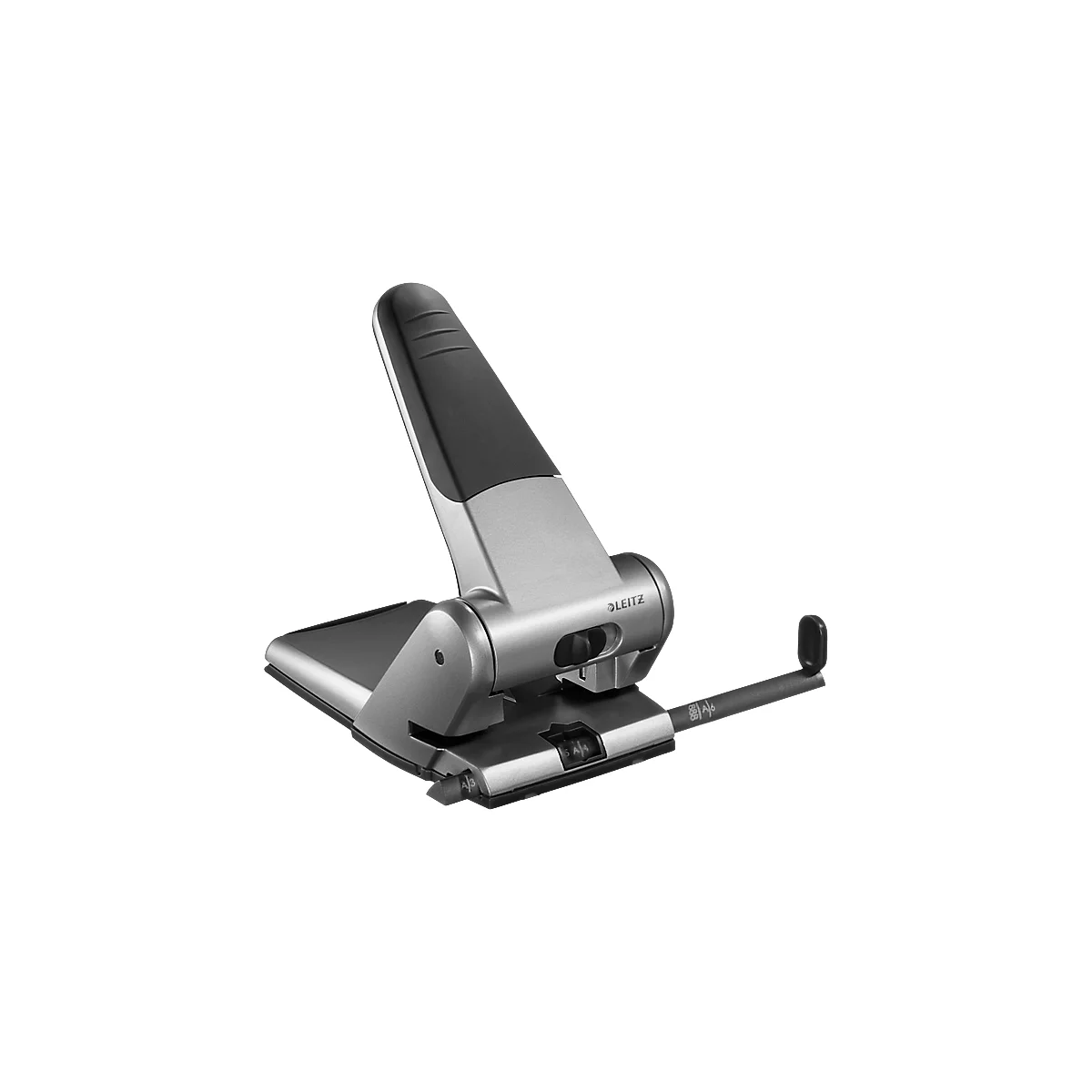 Gray Leitz hole punch with black handle and guide rail. The device stands on a black base plate.