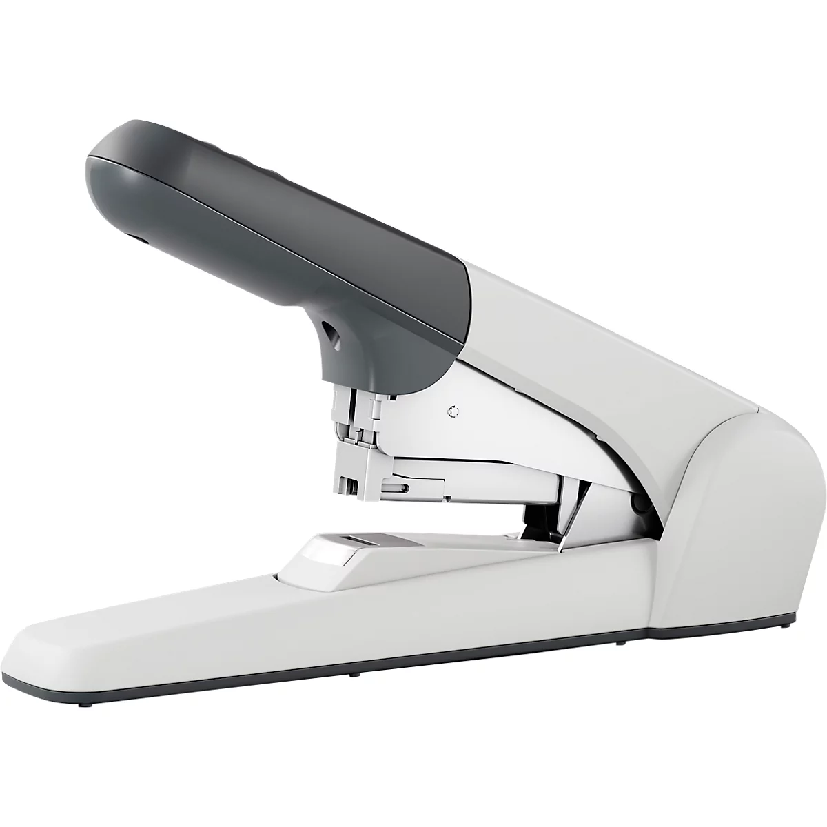 A gray stapler on a white background, the staples are open.