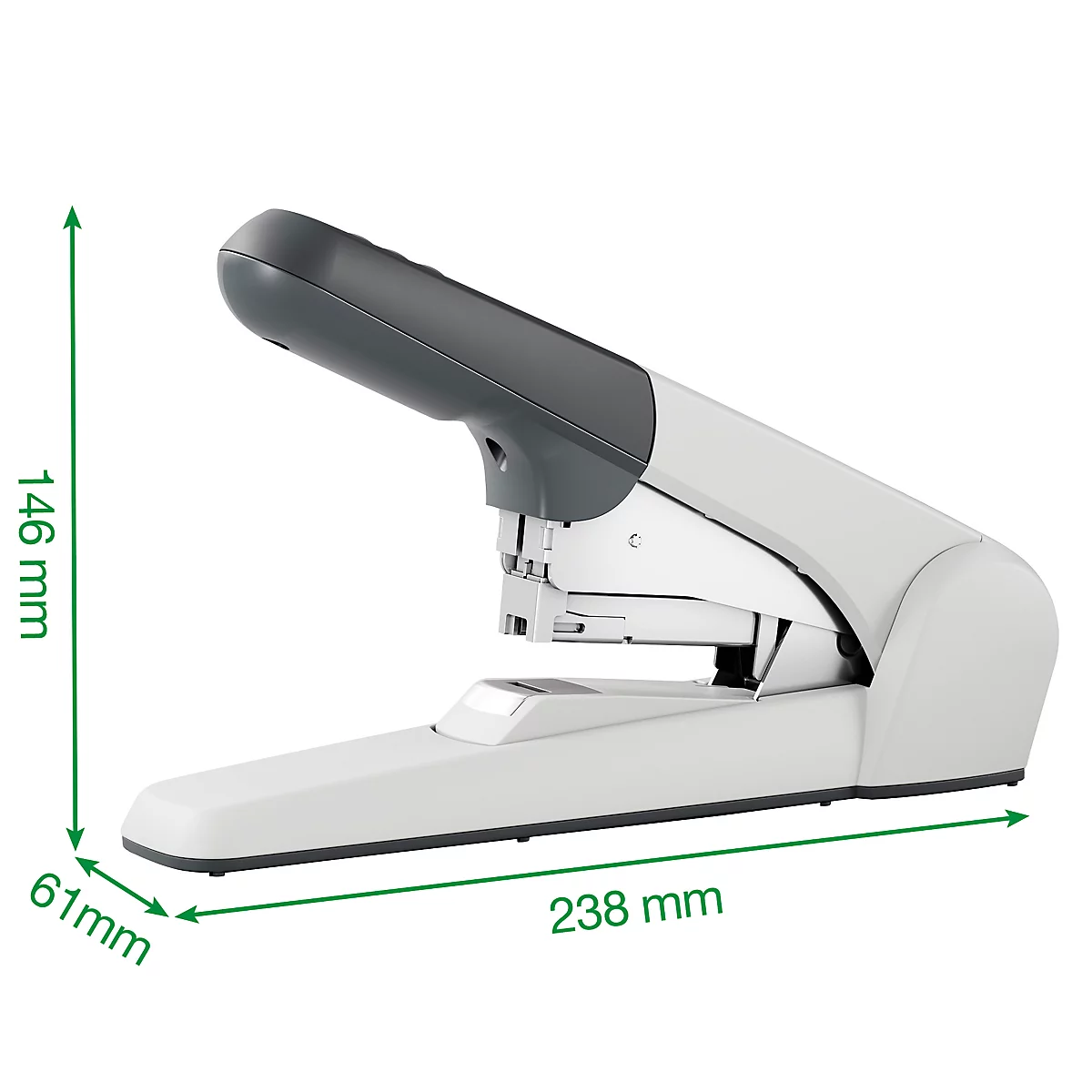 Light gray stapler with dark gray handle. Dimensions: 238 mm long, 146 mm high, 61 mm wide.