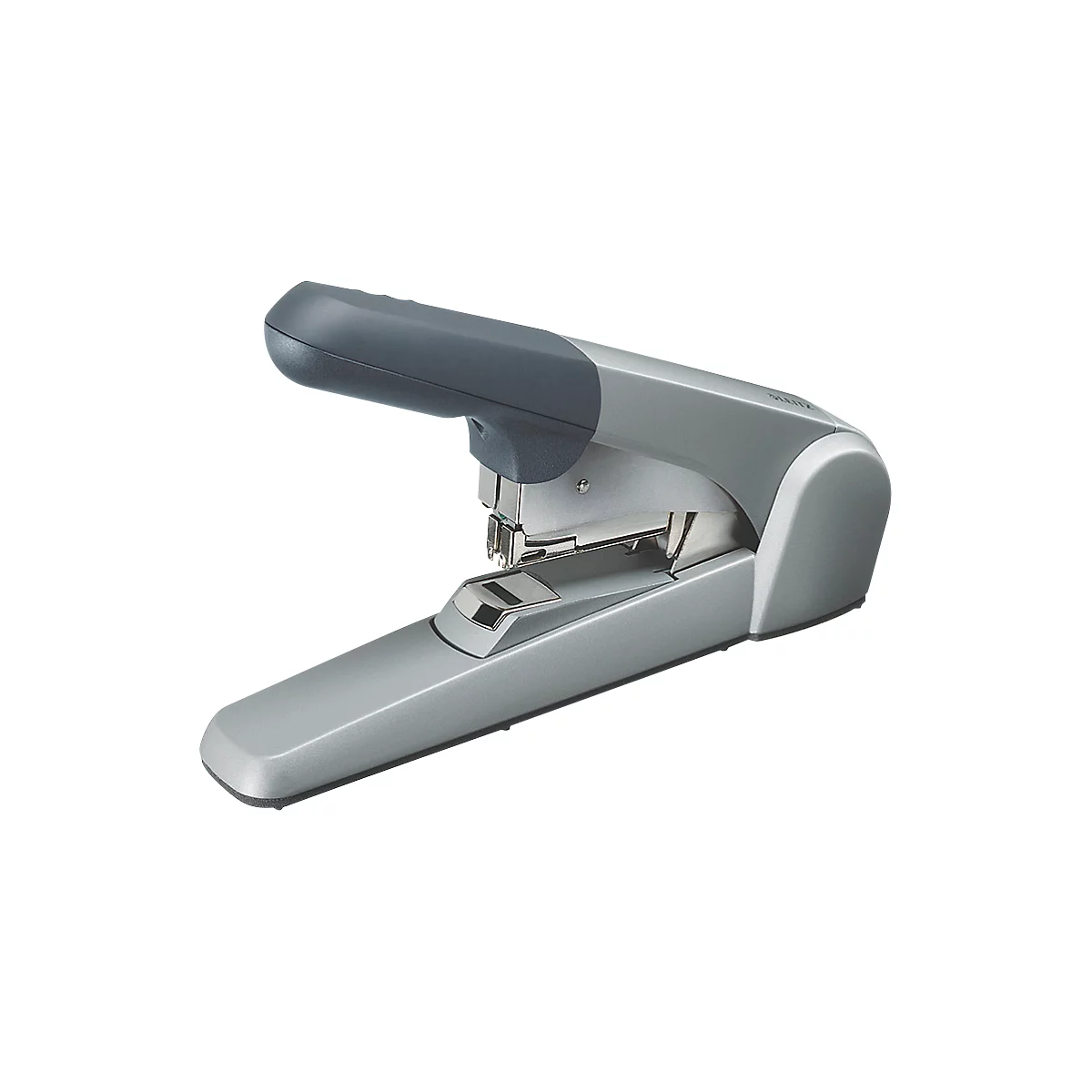 A gray stapler with a dark gray handle. The stapler is shown on a white background.