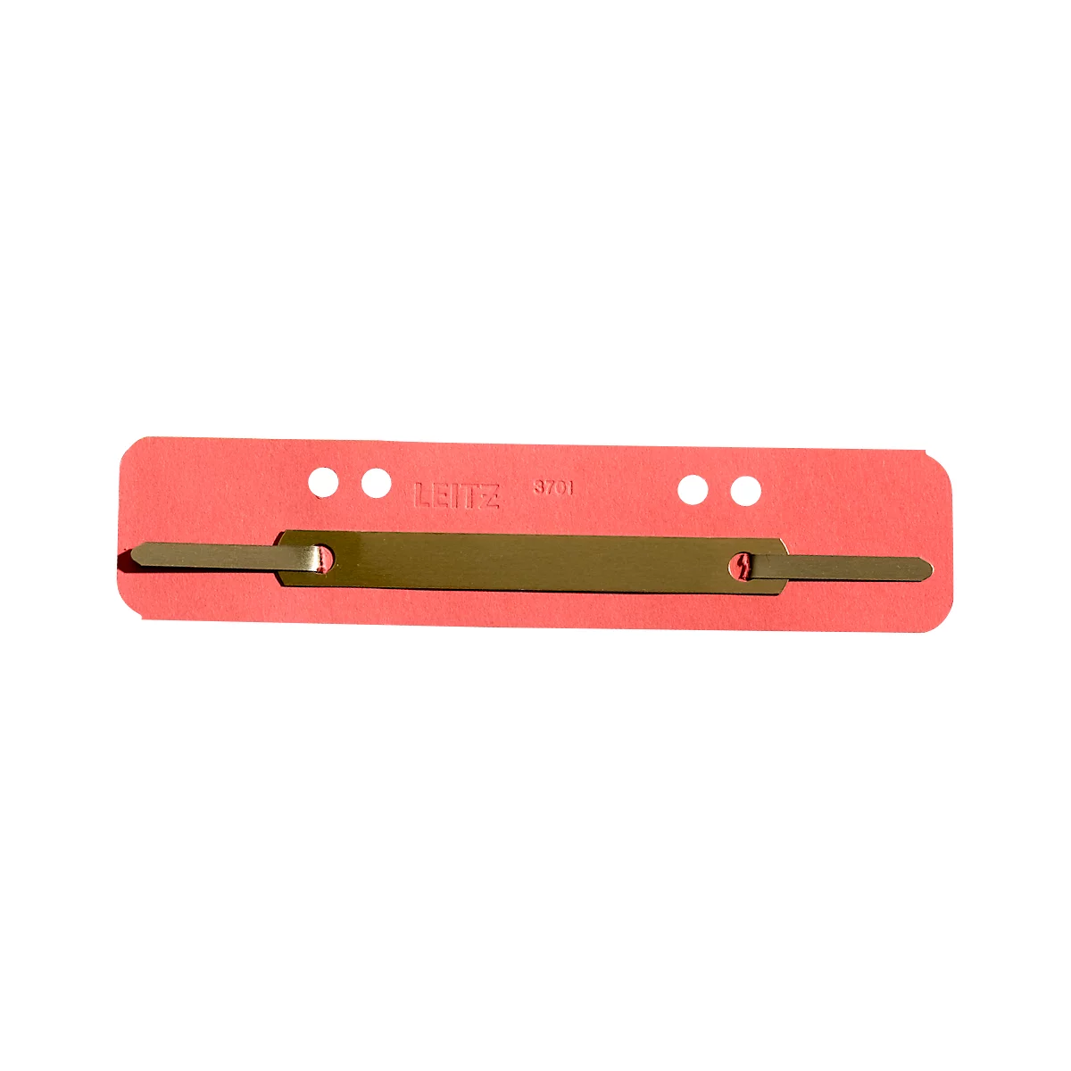 Metal fastening strip on a pink background. Leitz logo and two holes.