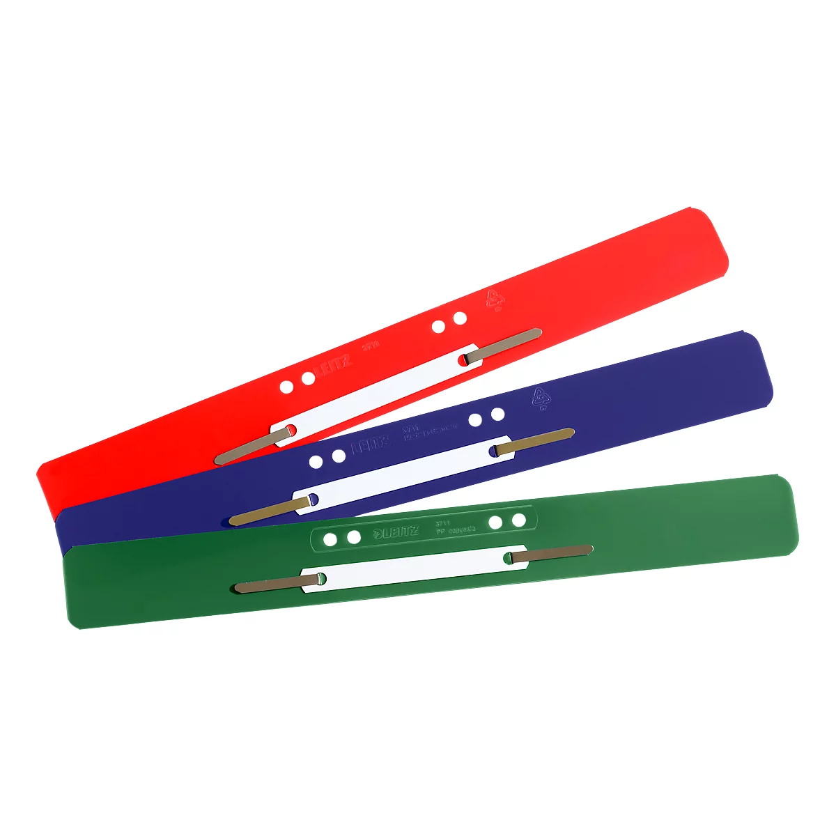Three colored binder strips, red, blue and green, overlap diagonally. White stripes with lettering are visible.